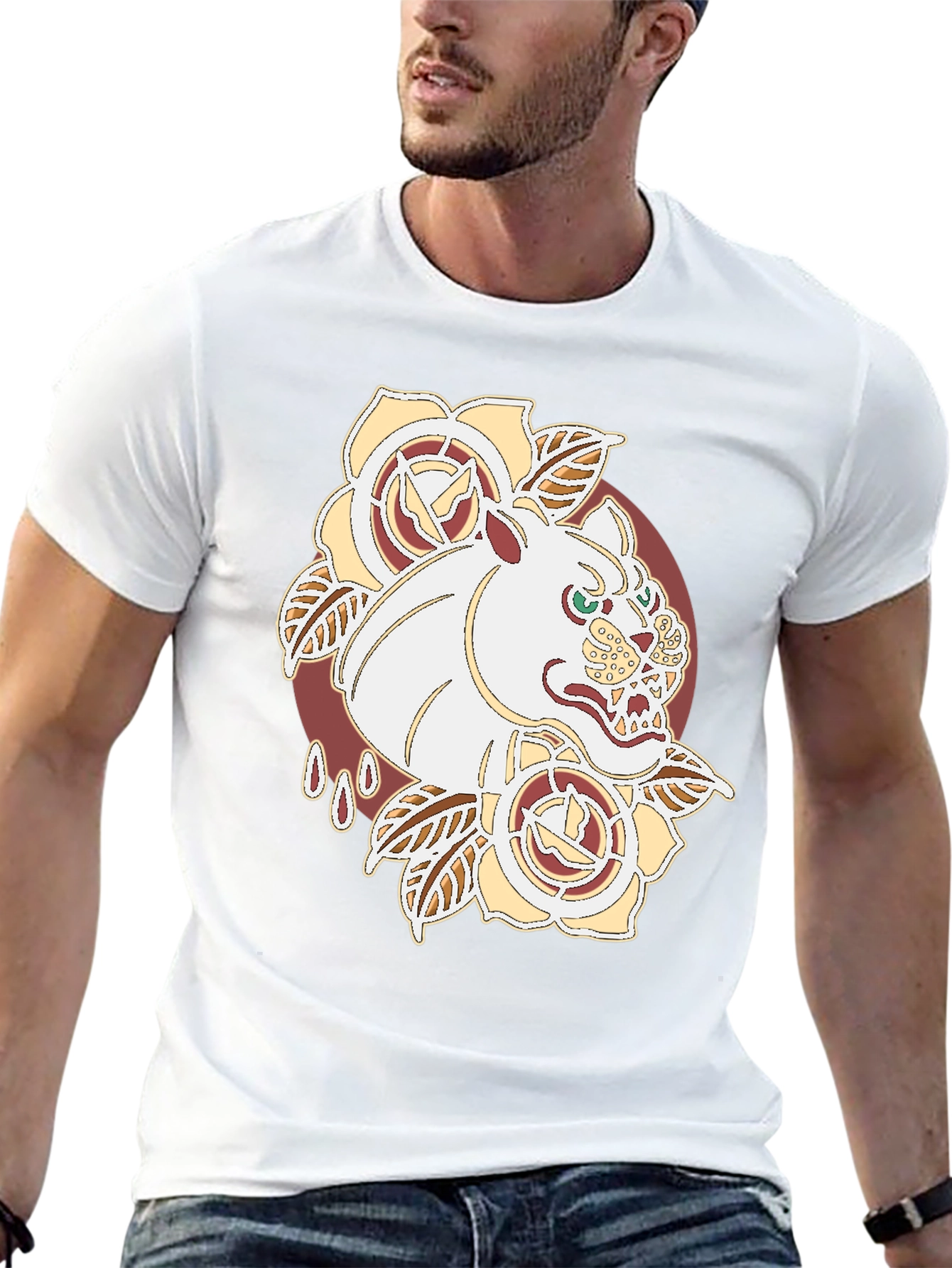 Tattoo Art Tee: Fierce Feline Floral Graphic T-Shirt