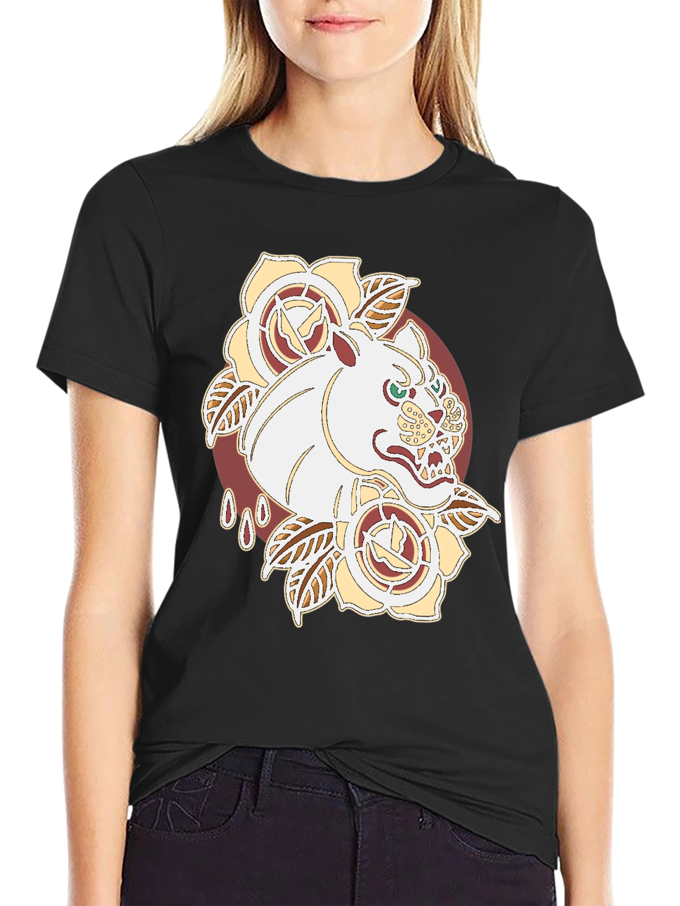 Tattoo Art Tee: Fierce Feline Floral Graphic T-Shirt