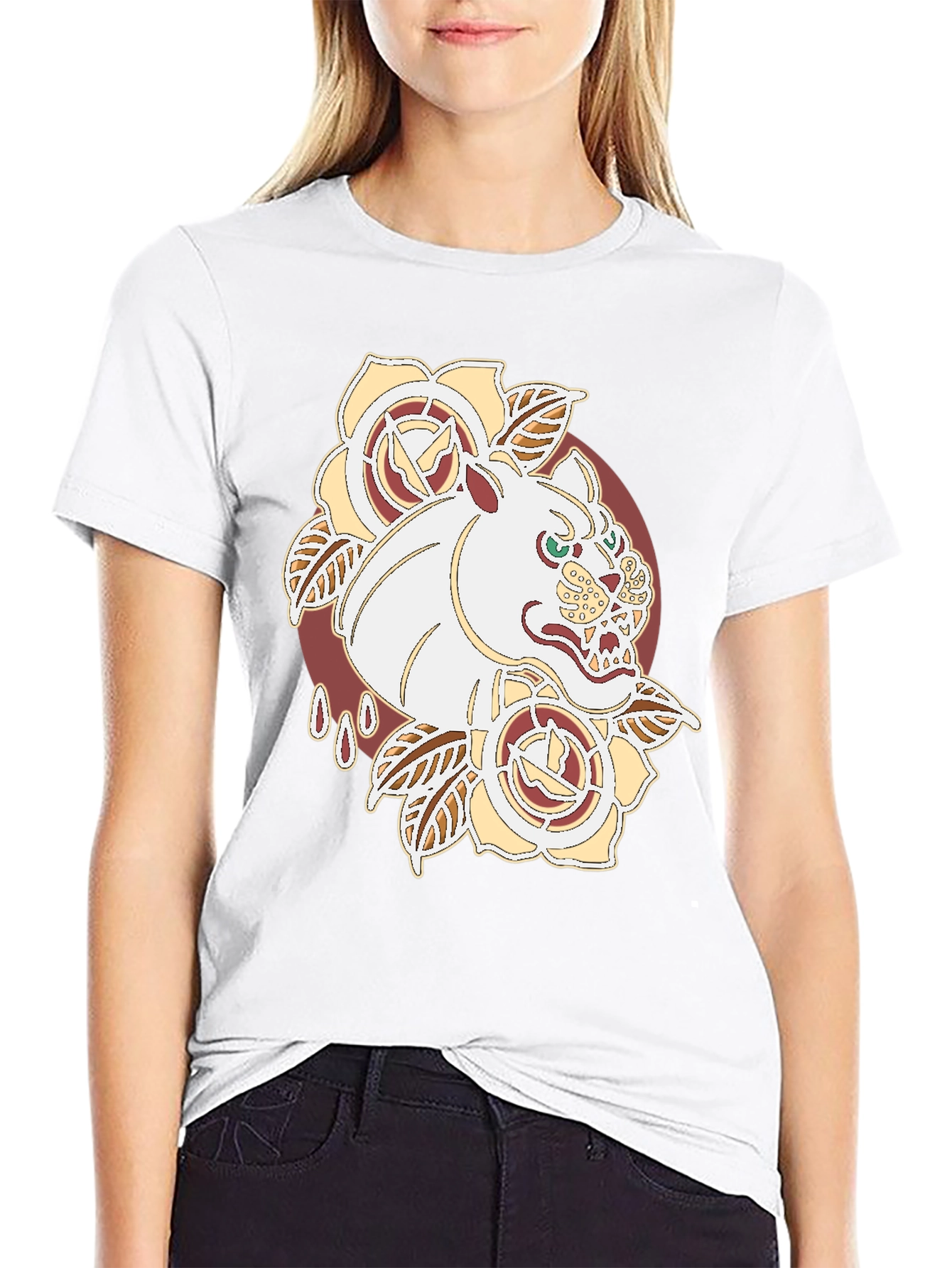 Tattoo Art Tee: Fierce Feline Floral Graphic T-Shirt