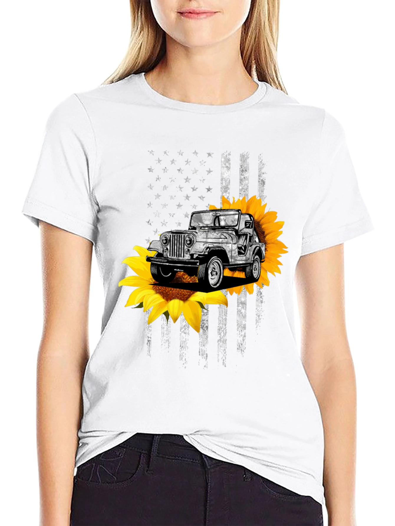 American Flag Jeep Sunflower Graphic Tee