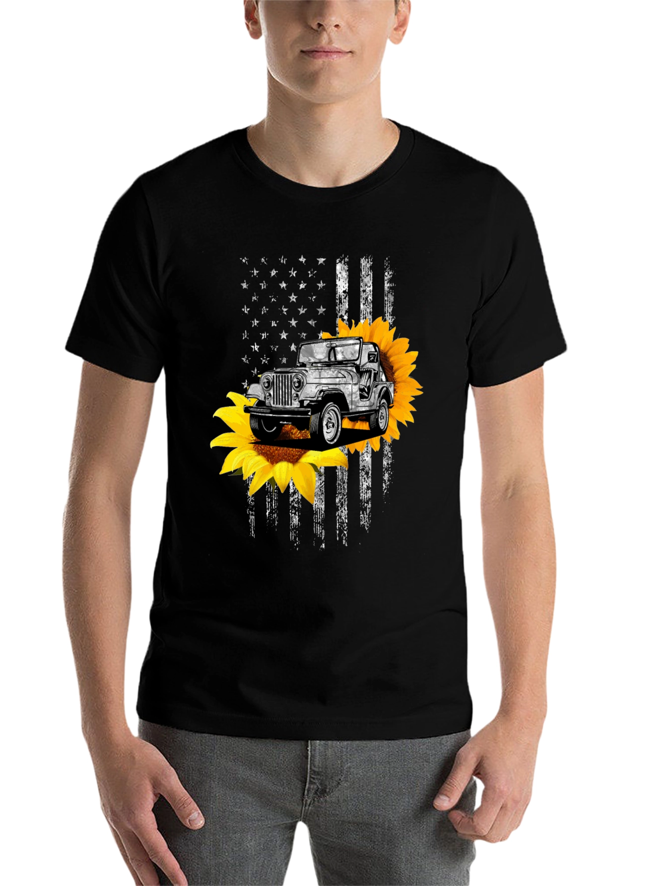 American Flag Jeep Sunflower Graphic Tee