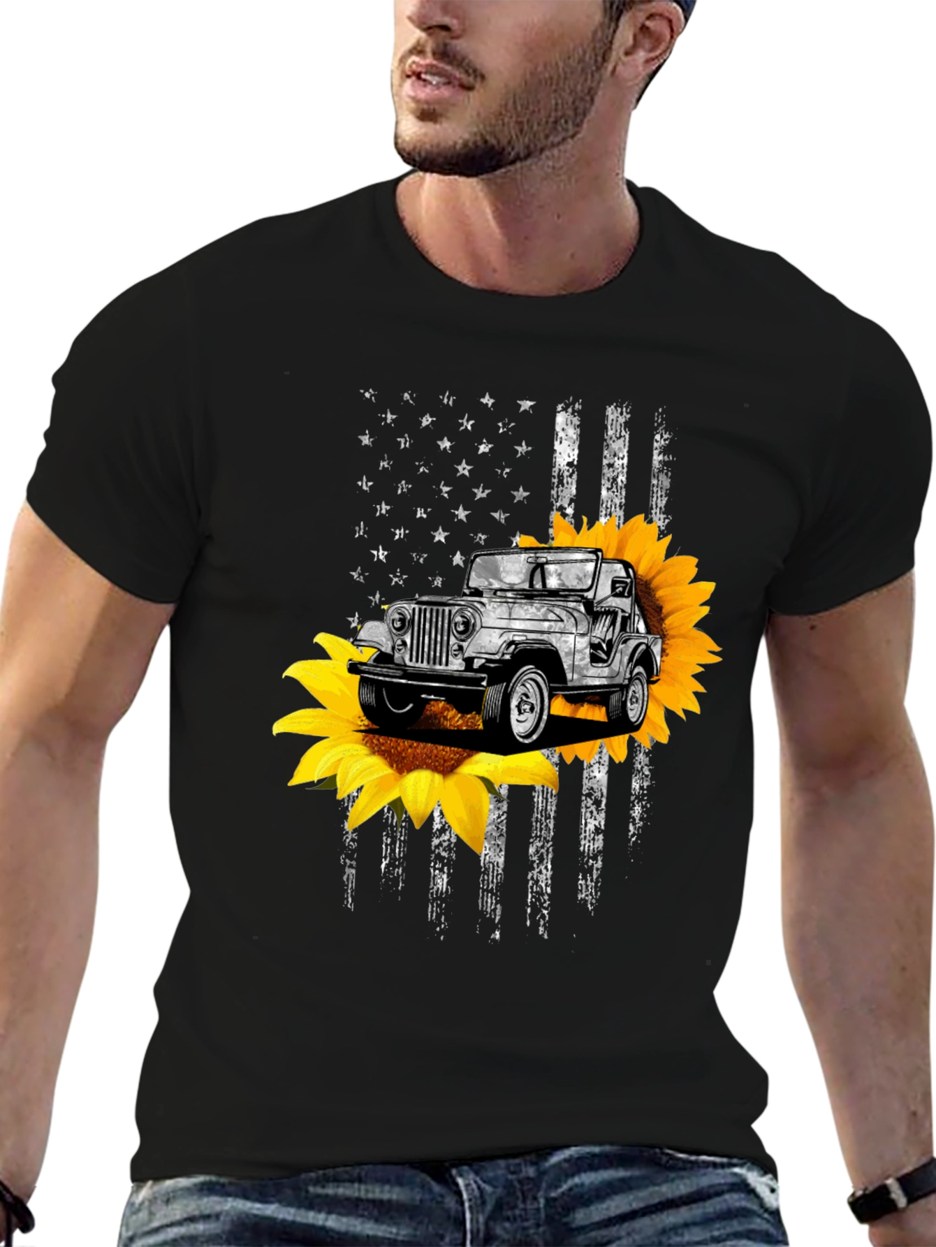 American Flag Jeep Sunflower Graphic Tee