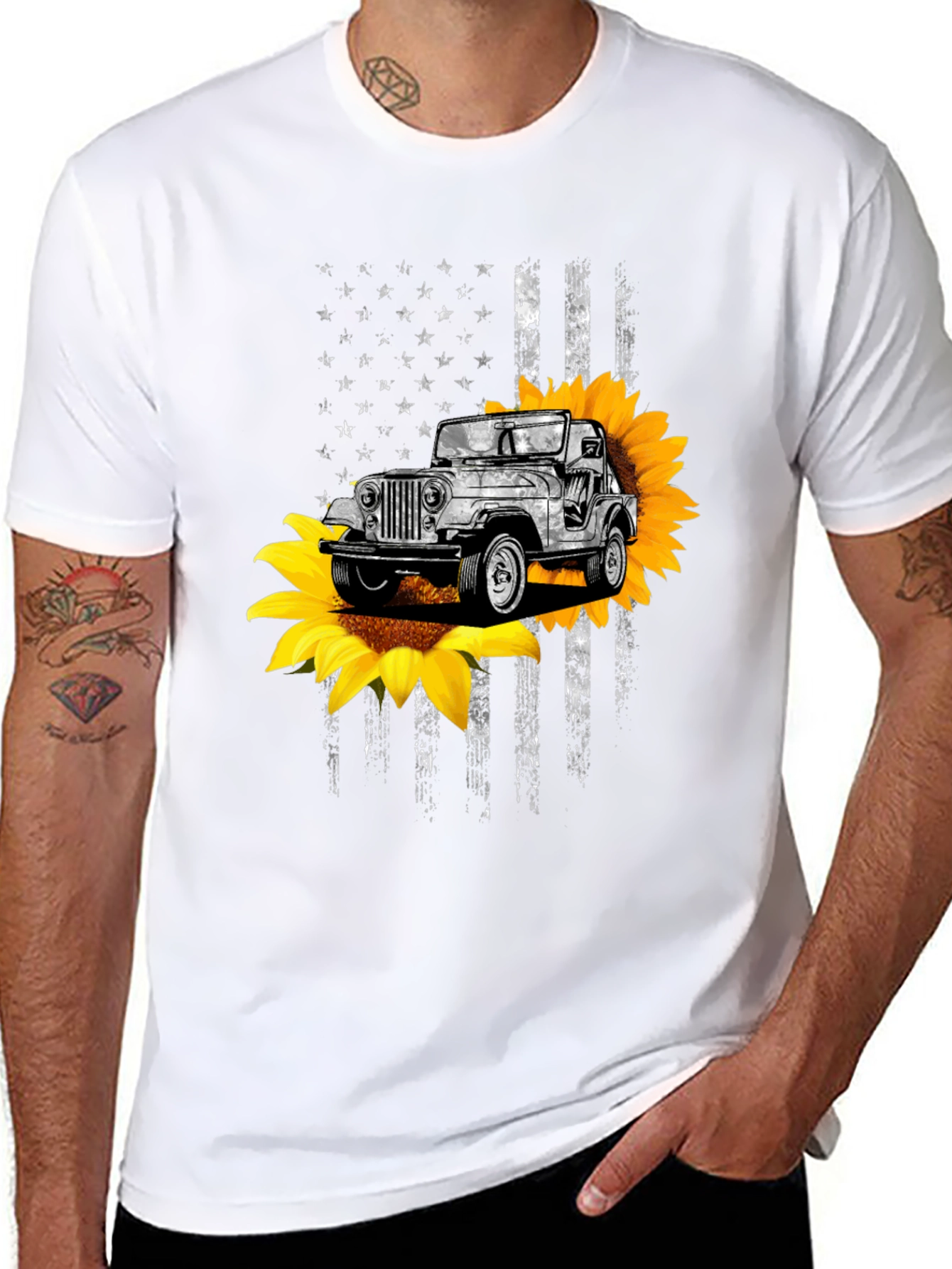 American Flag Jeep Sunflower Graphic Tee
