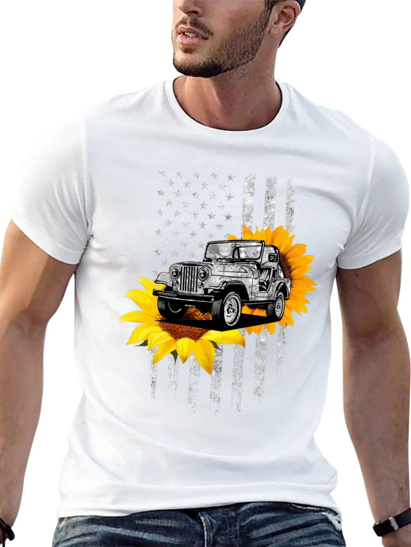 American Flag Jeep Sunflower Graphic Tee