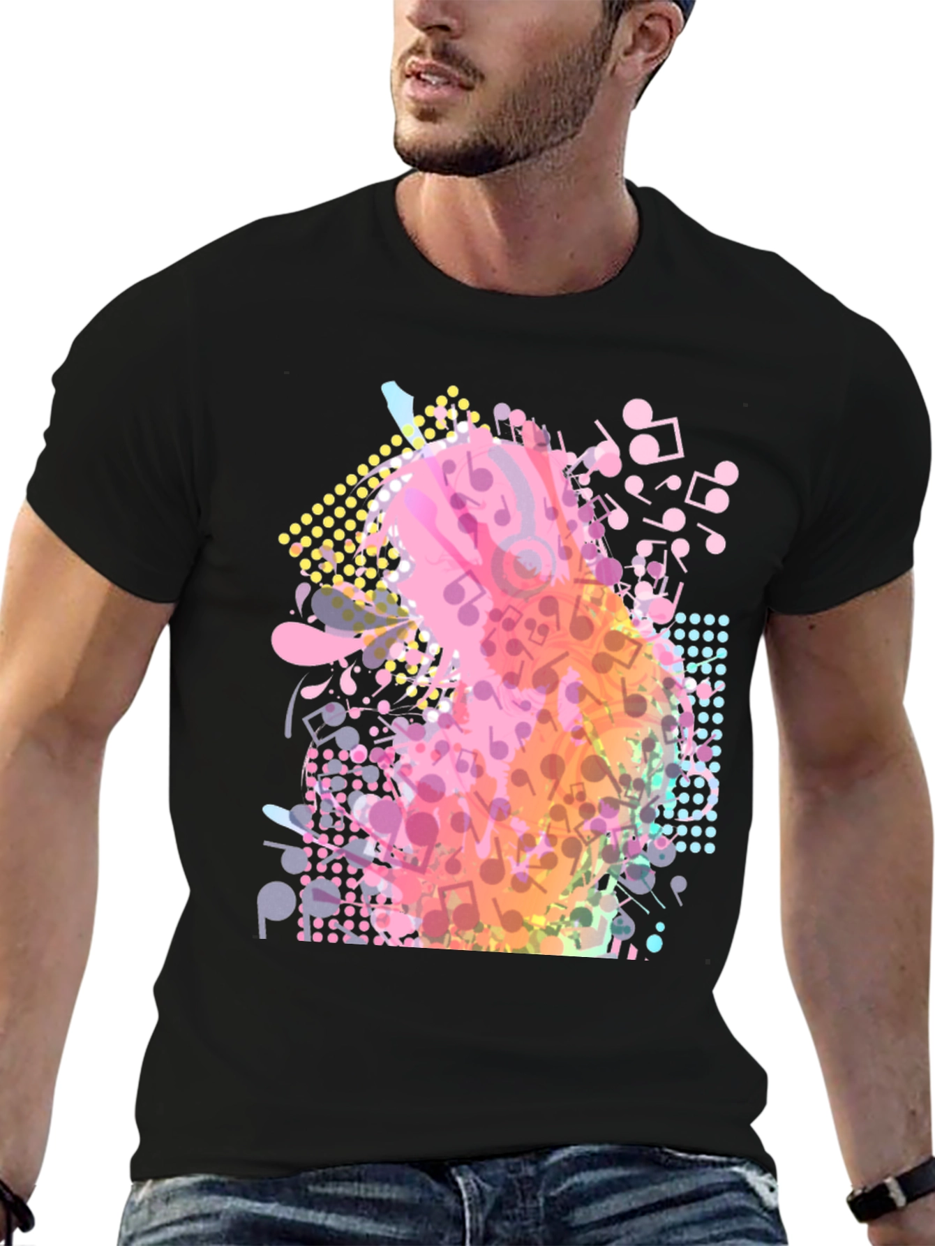 Musical Notes Graphic Print Black T-Shirt