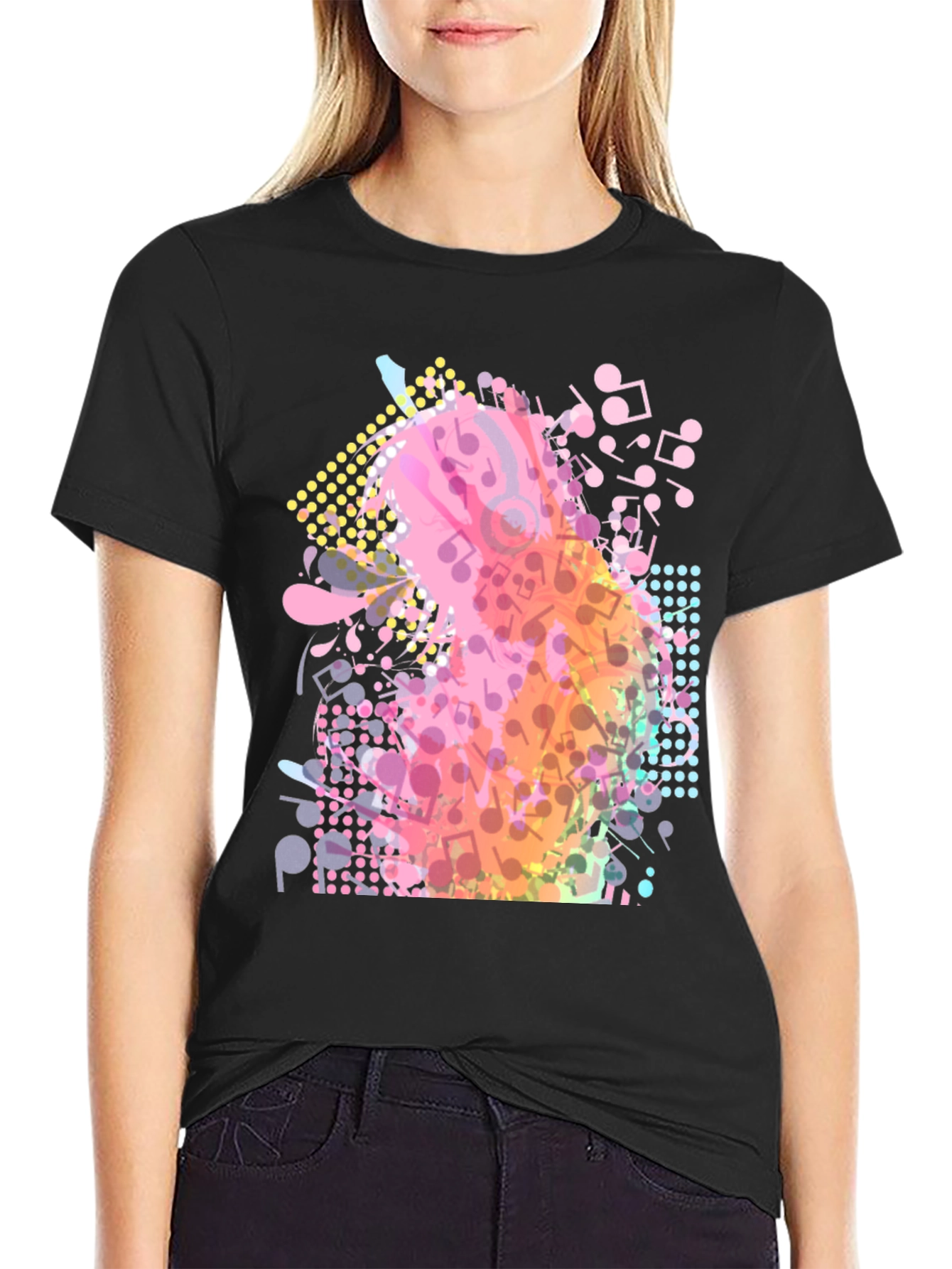 Musical Notes Graphic Print Black T-Shirt