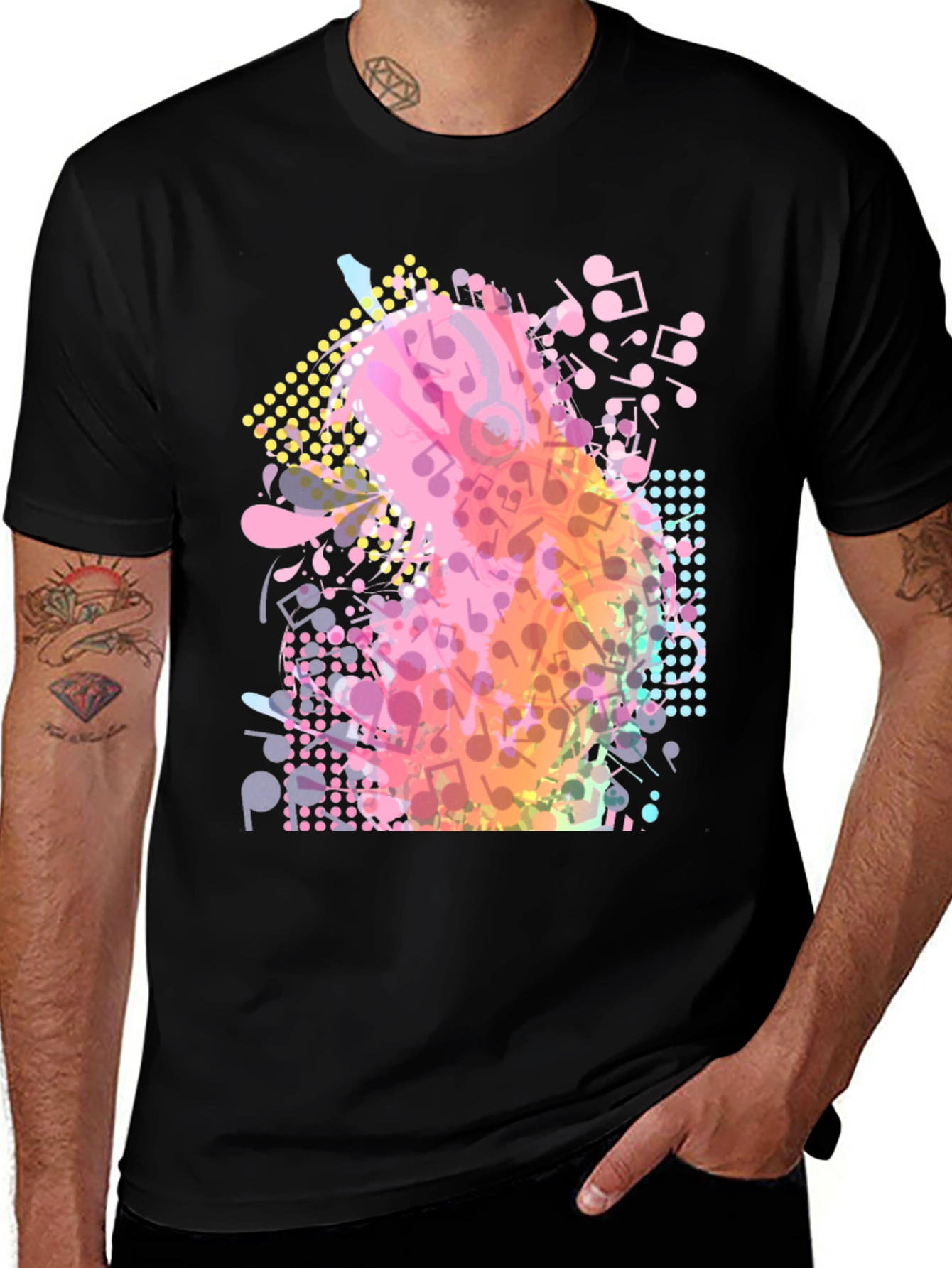 Musical Notes Graphic Print Black T-Shirt