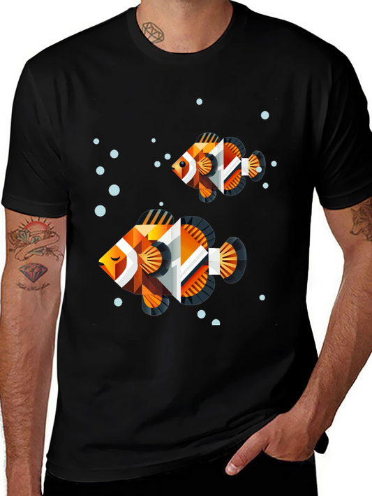 Geometric Fish Graphic Tee - Black Cotton Blend
