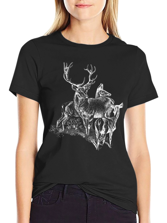 Deer Graphic Tee - Black Cotton Blend Casual Top