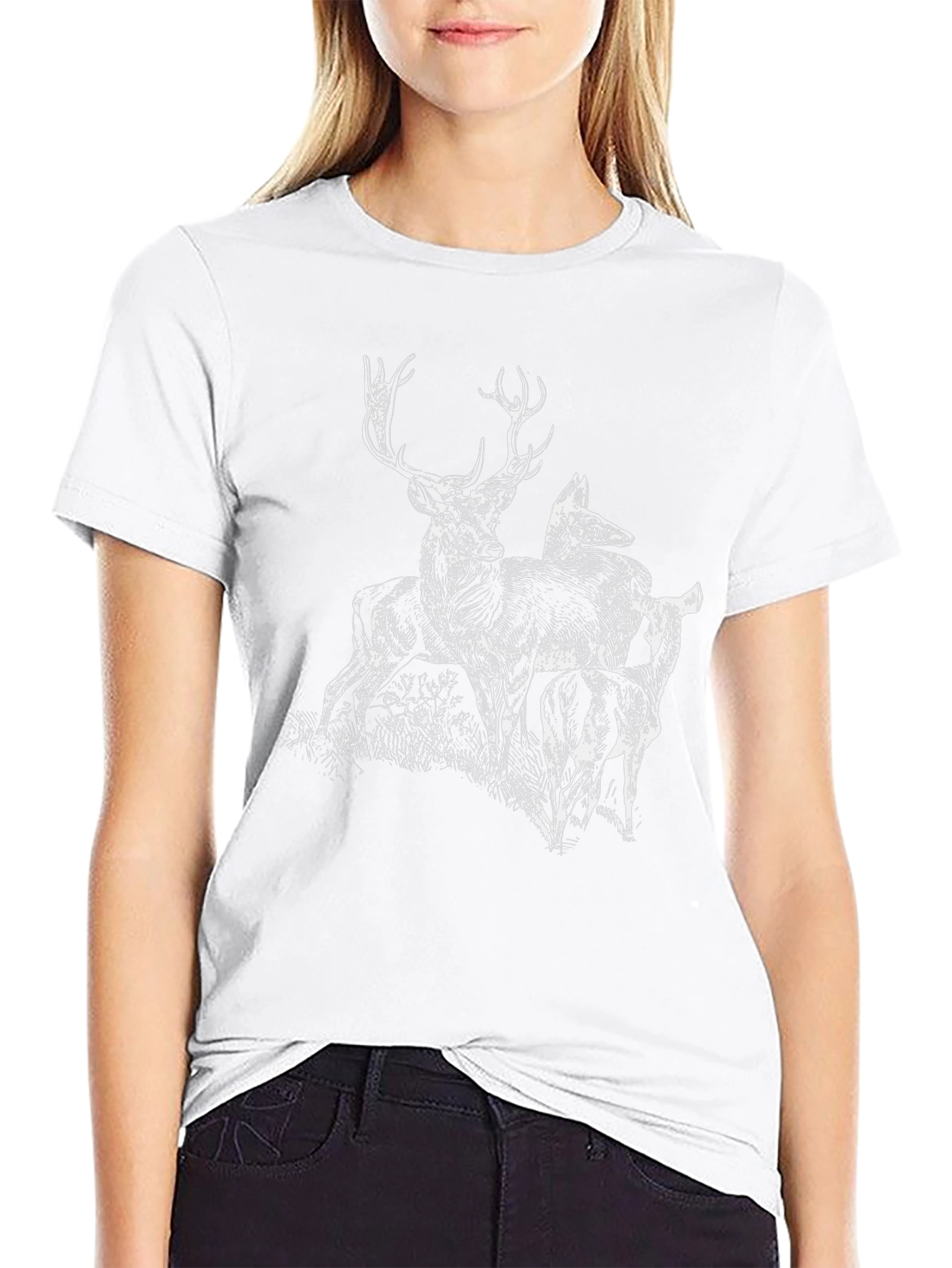 Deer Graphic Tee - Black Cotton Blend Casual Top