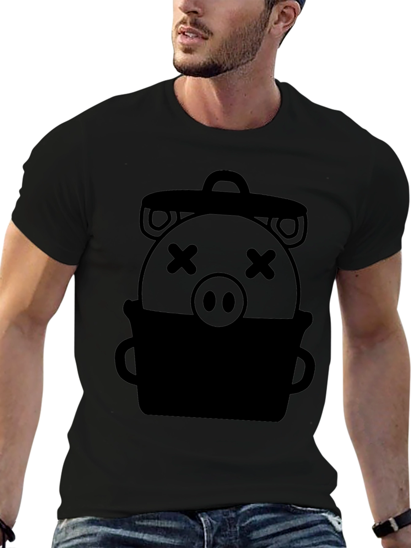 Trash Can Pig Graphic Tee - Novelty Black T-Shirt