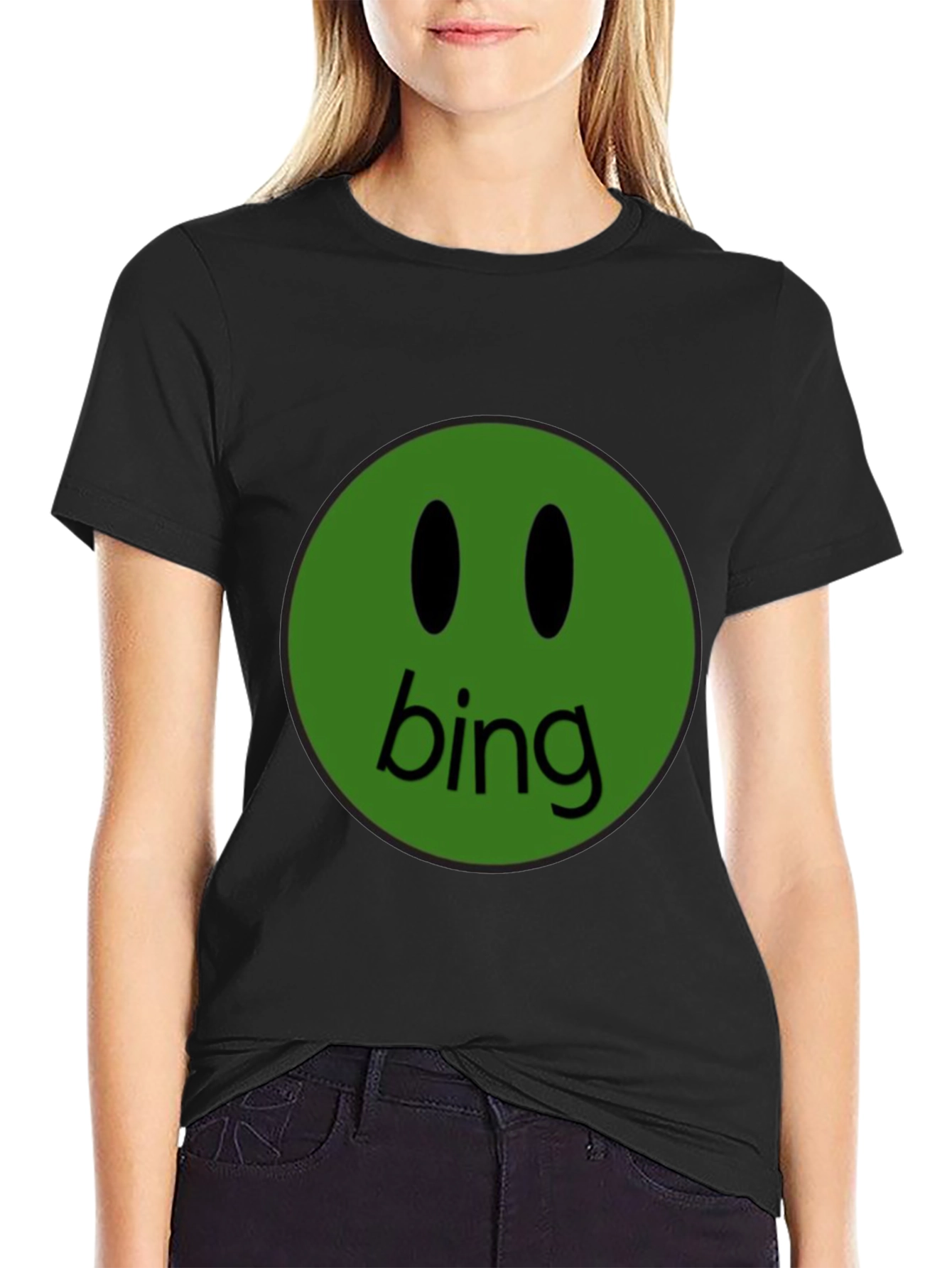 Green Bing Smiley Face Black T-Shirt