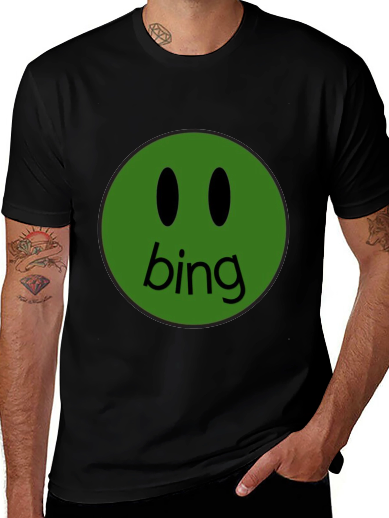 Green Bing Smiley Face Black T-Shirt