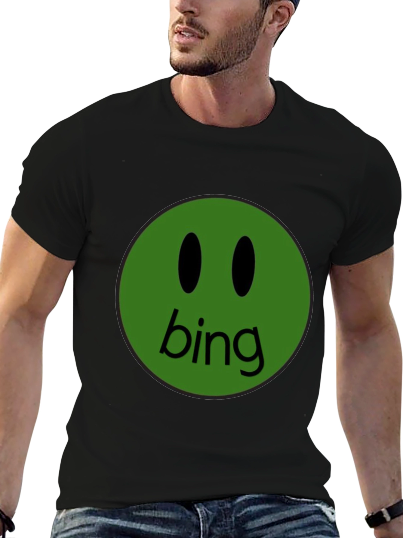 Green Bing Smiley Face Black T-Shirt