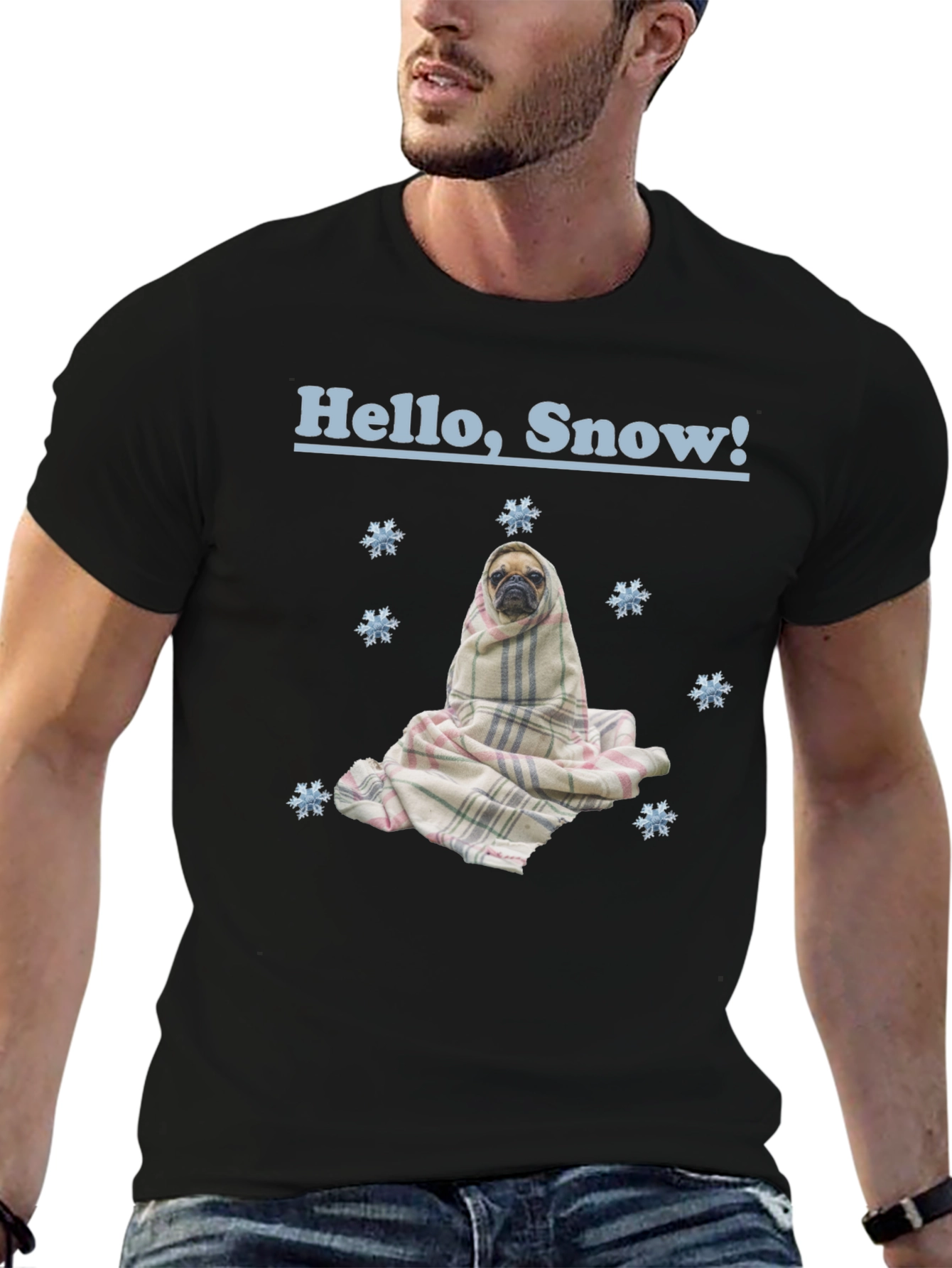 Hello Snow Pug T-Shirt - Cozy Winter Style