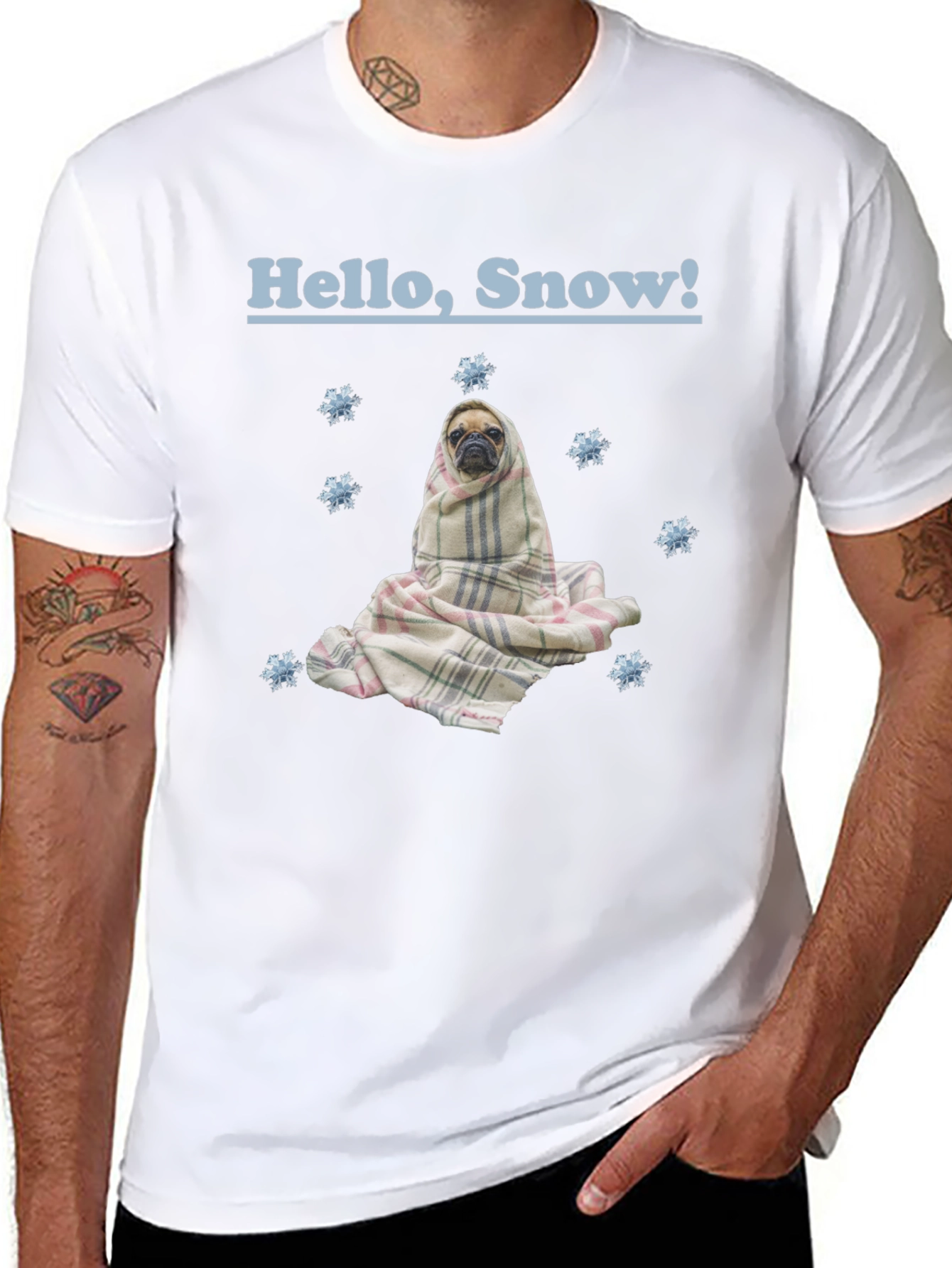 Hello Snow Pug T-Shirt - Cozy Winter Style