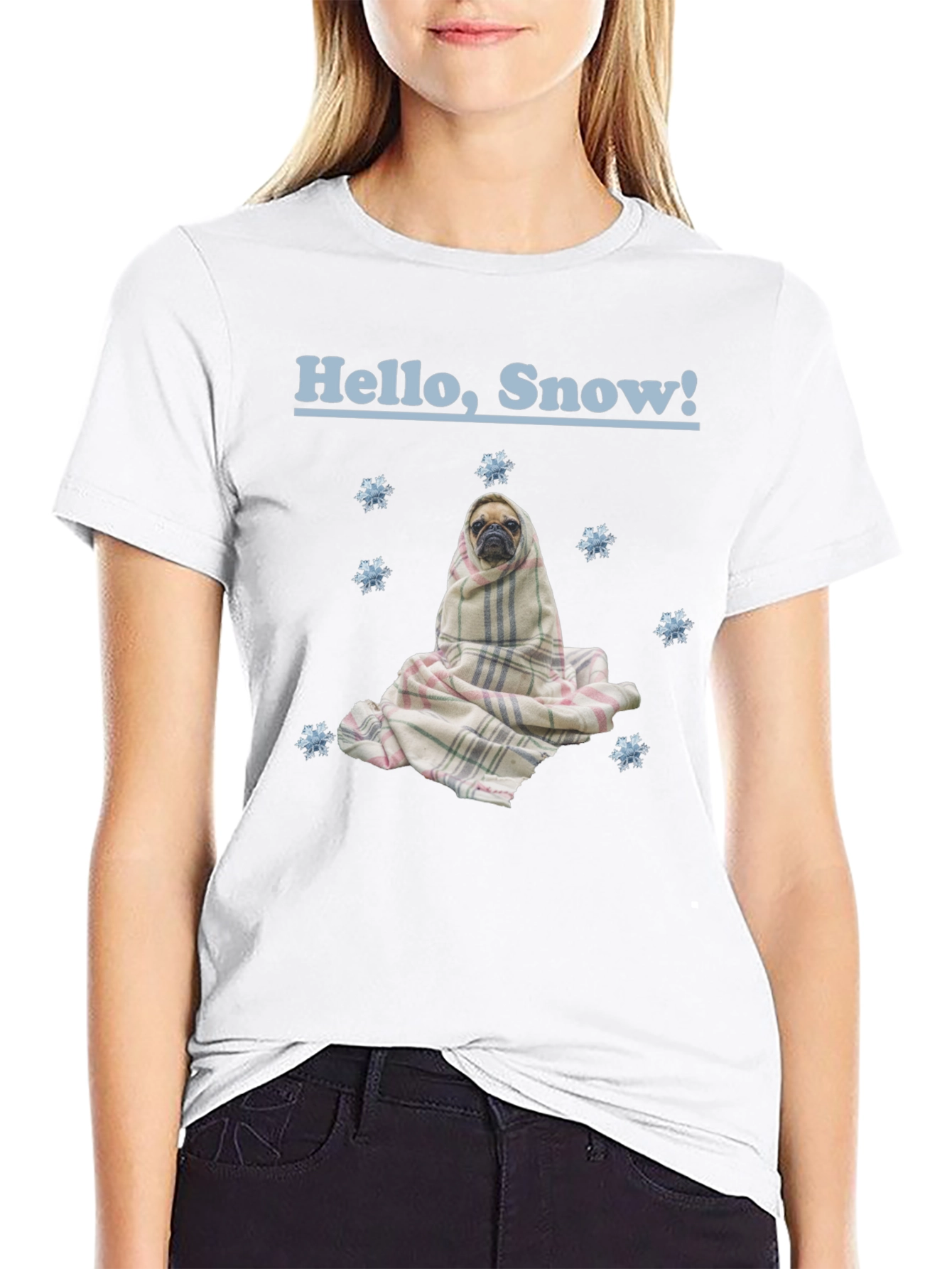Hello Snow Pug T-Shirt - Cozy Winter Style