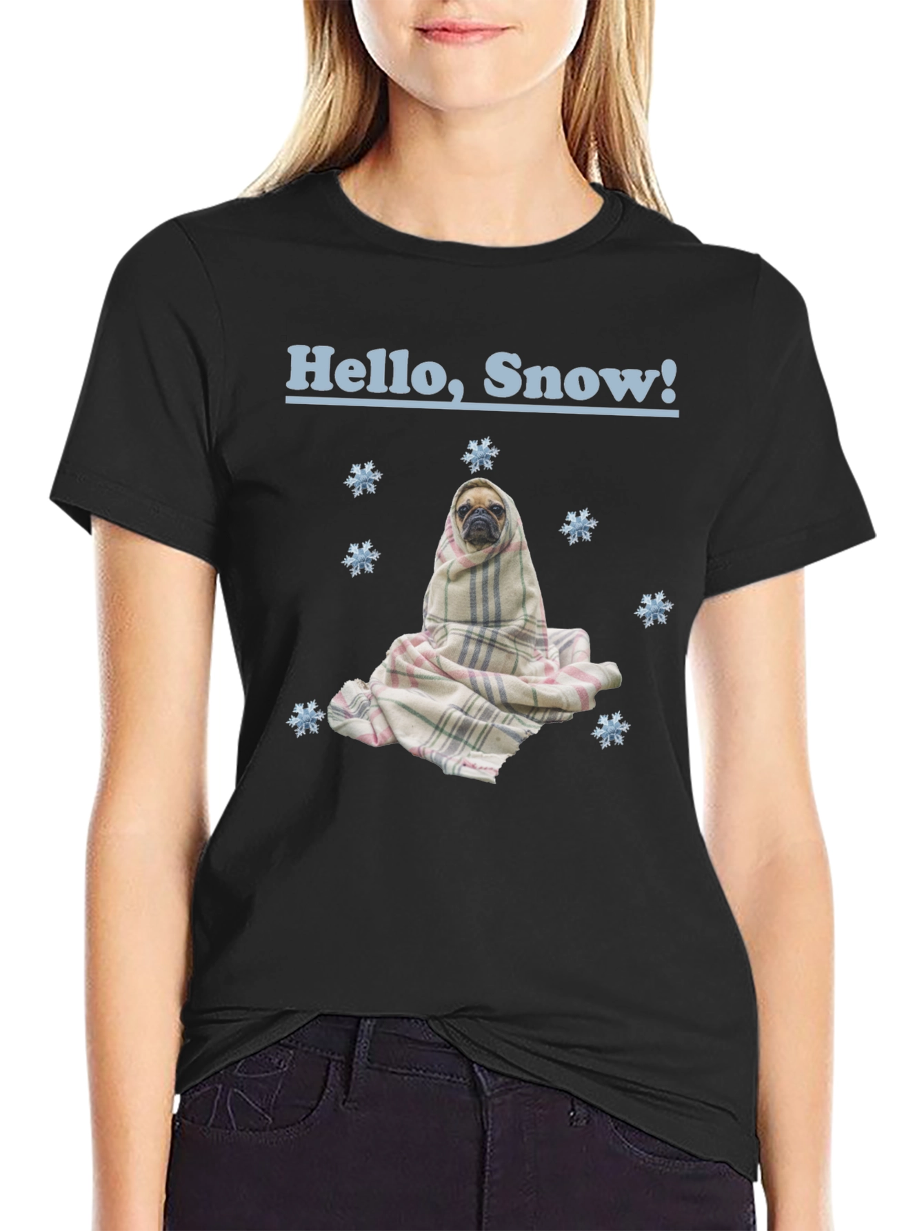 Hello Snow Pug T-Shirt - Cozy Winter Style