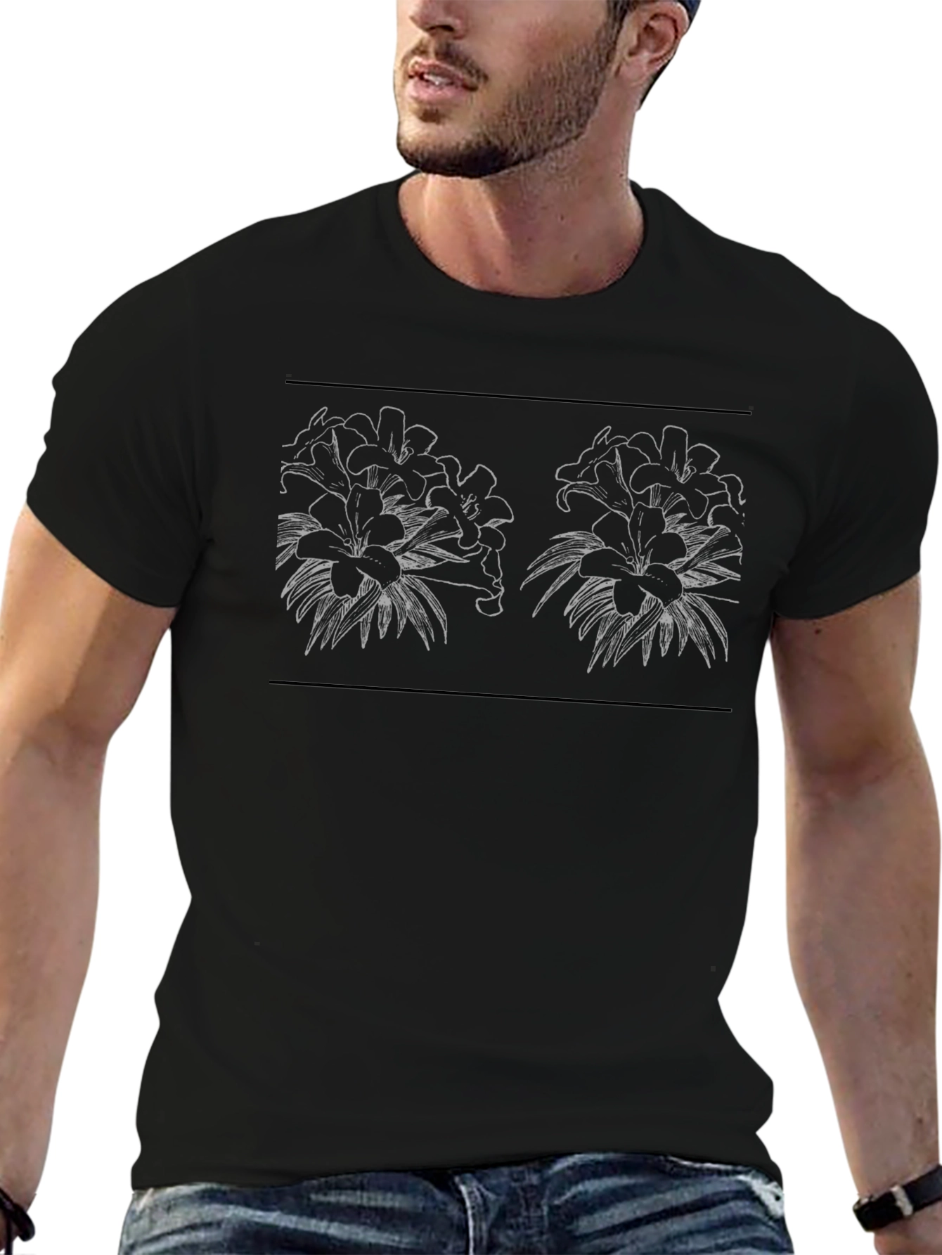 Floral Line Art Black T-Shirt