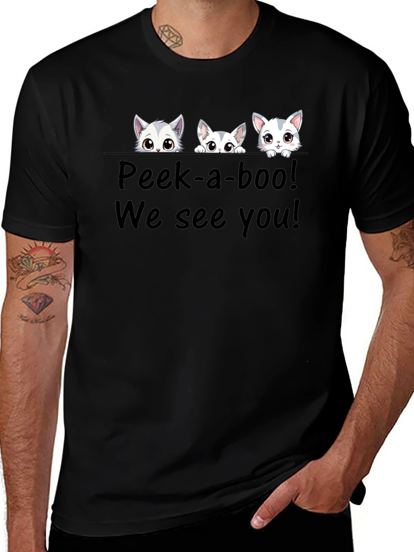 Cute Cat Peek-a-boo Graphic T-Shirt