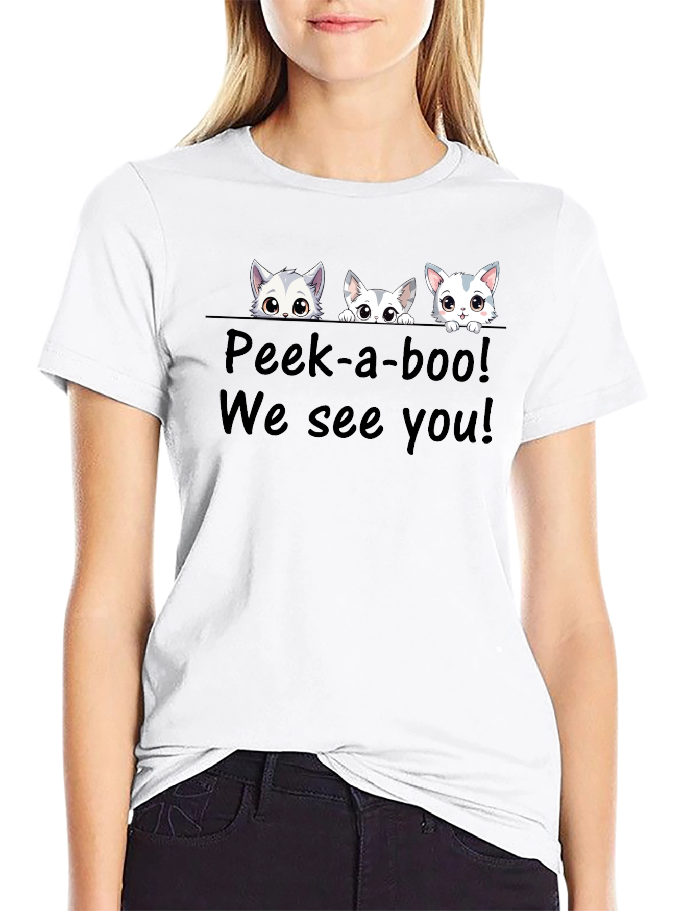 Cute Cat Peek-a-boo Graphic T-Shirt