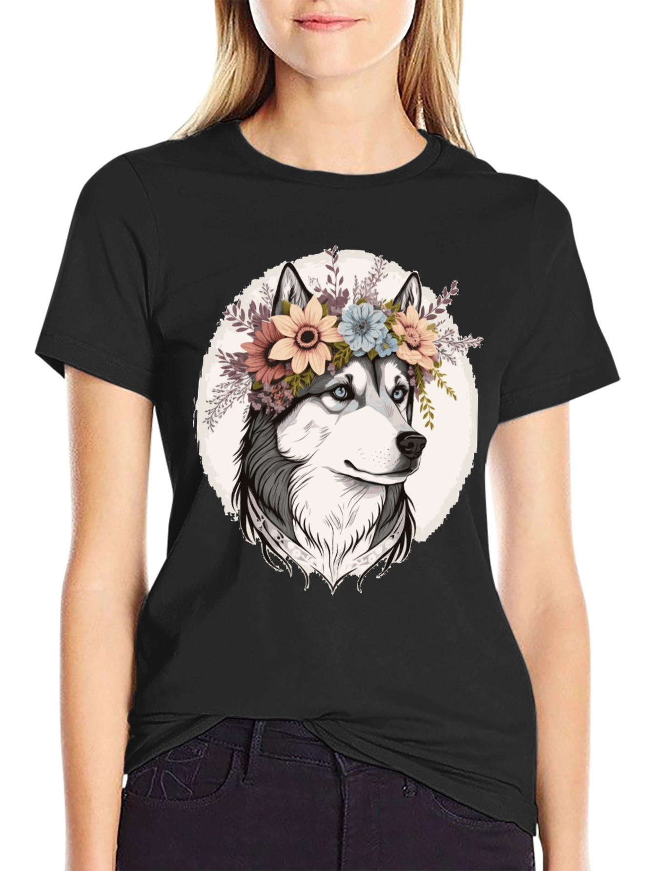 Floral Husky Graphic Tee - Unisex Black T-Shirt