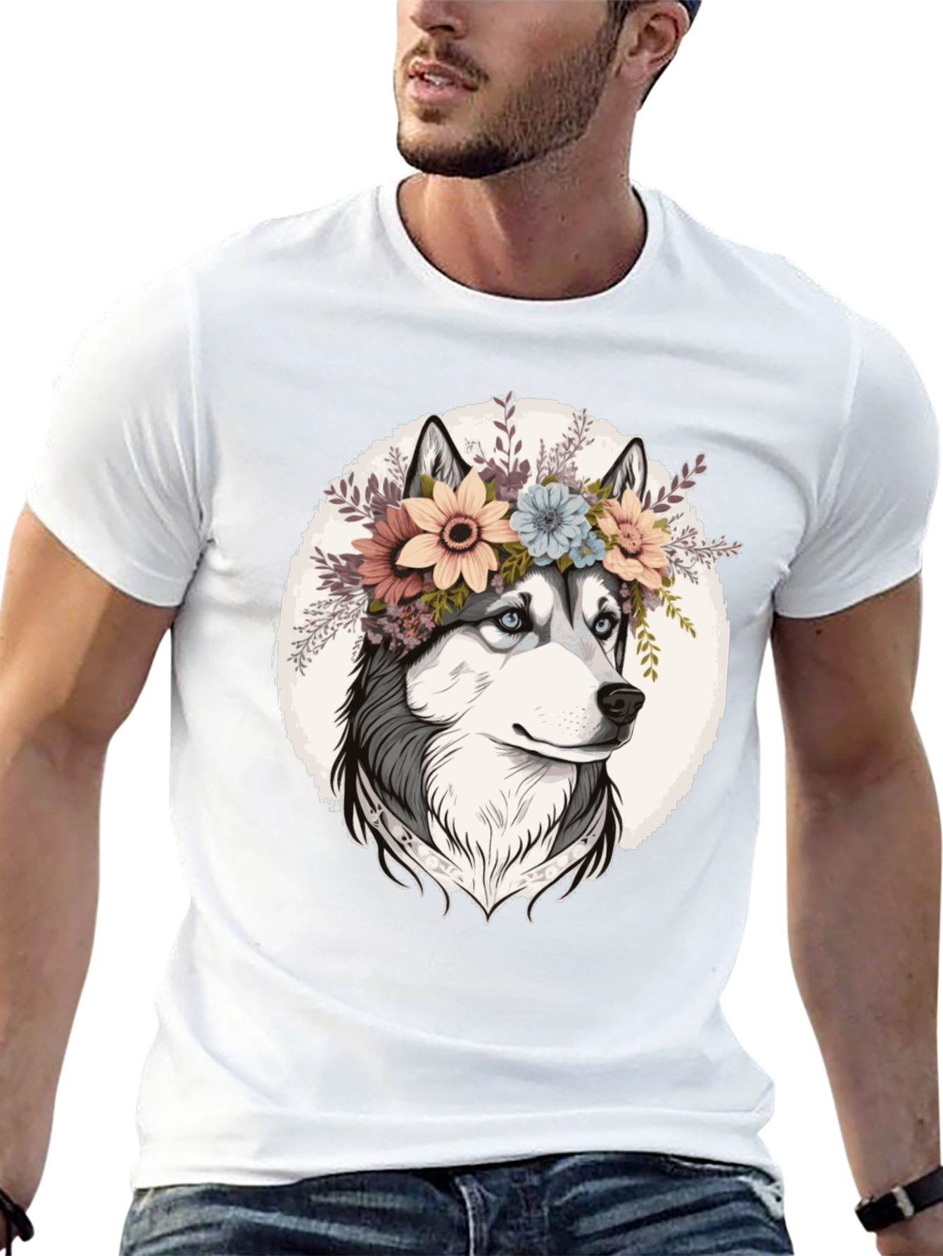 Floral Husky Graphic Tee - Unisex Black T-Shirt