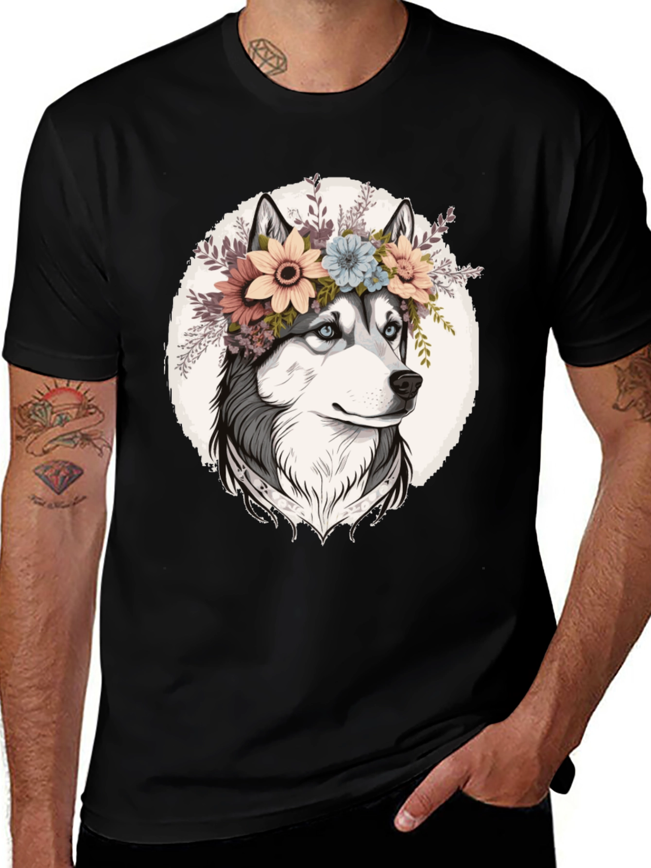 Floral Husky Graphic Tee - Unisex Black T-Shirt