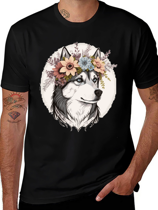 Floral Husky Graphic Tee - Unisex Black T-Shirt