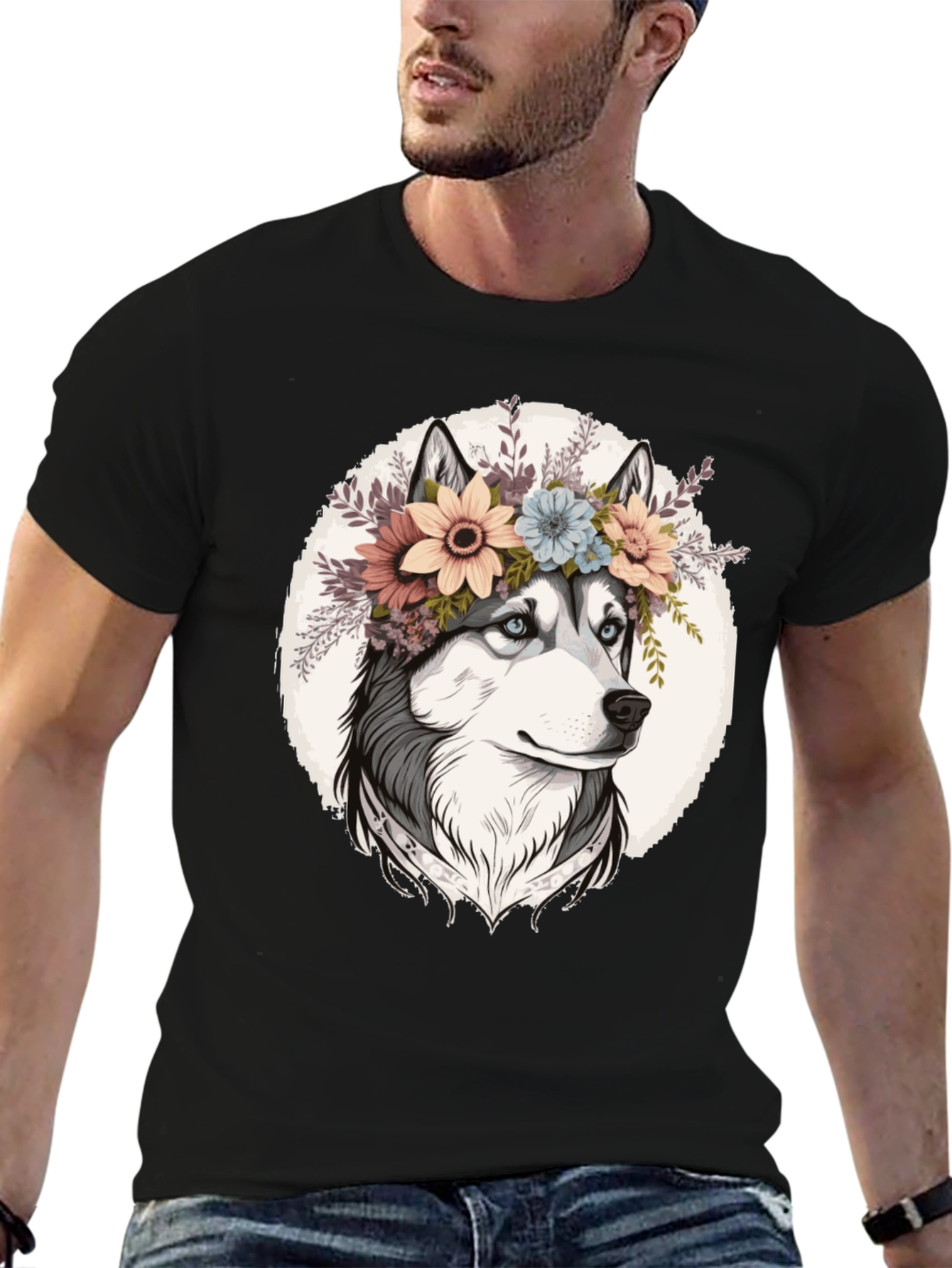 Floral Husky Graphic Tee - Unisex Black T-Shirt
