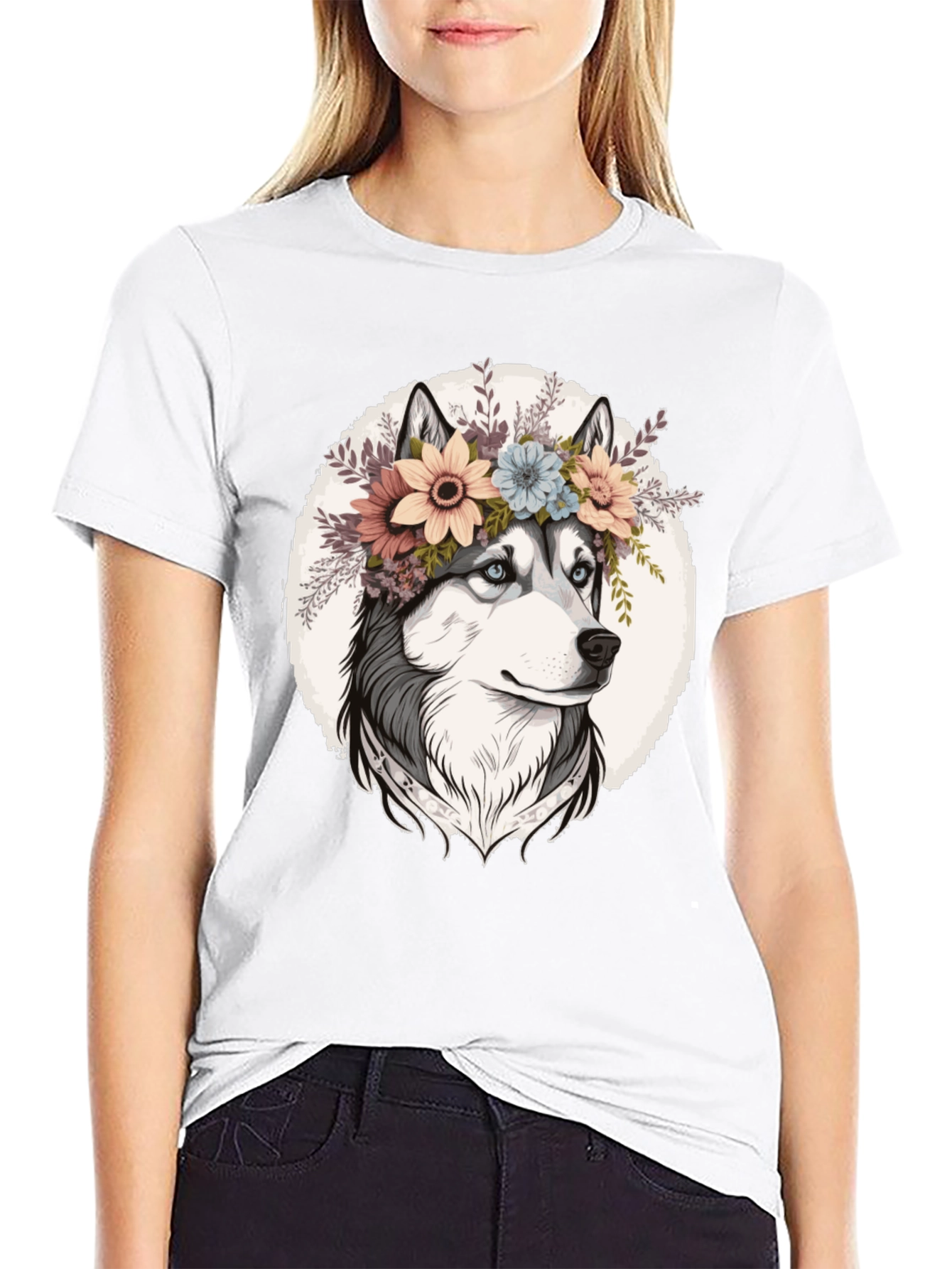 Floral Husky Graphic Tee - Unisex Black T-Shirt