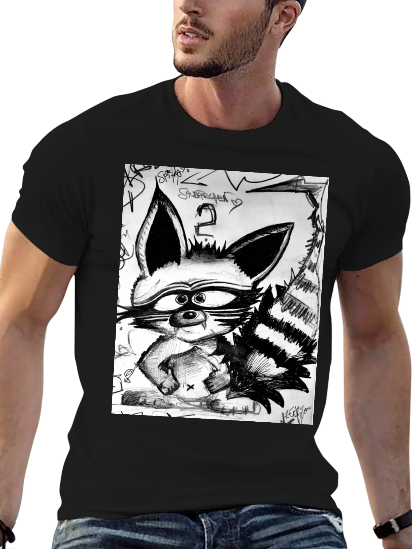 Raccoon Sketch Graphic Tee - Urban Style Black T-Shirt