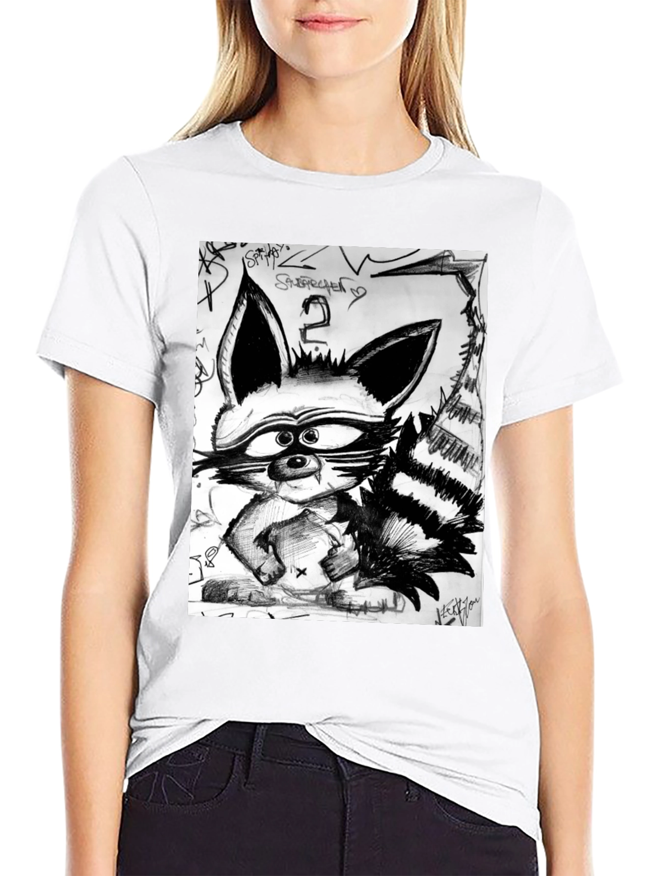 Raccoon Sketch Graphic Tee - Urban Style Black T-Shirt