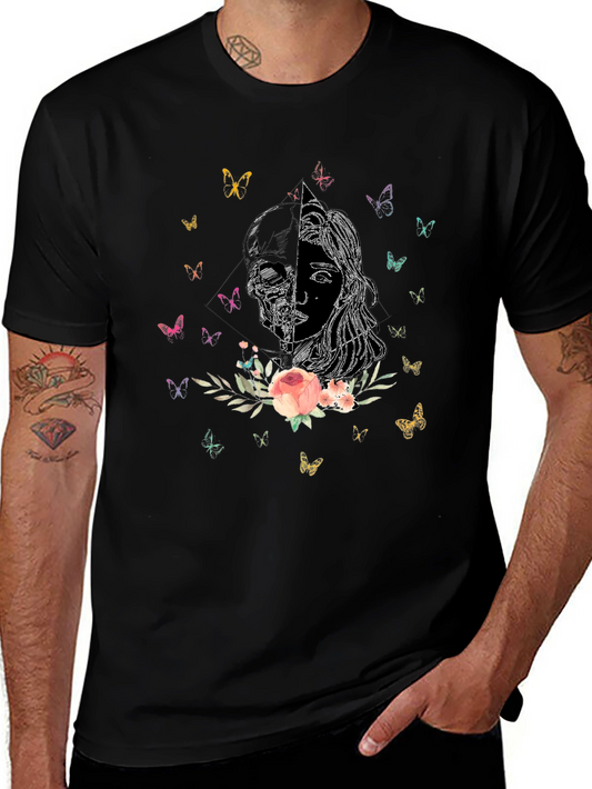 Floral Skull & Girl Graphic Tee - Trendy Black T-Shirt
