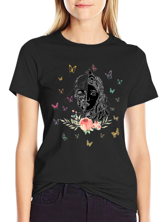 Floral Skull & Girl Graphic Tee - Trendy Black T-Shirt