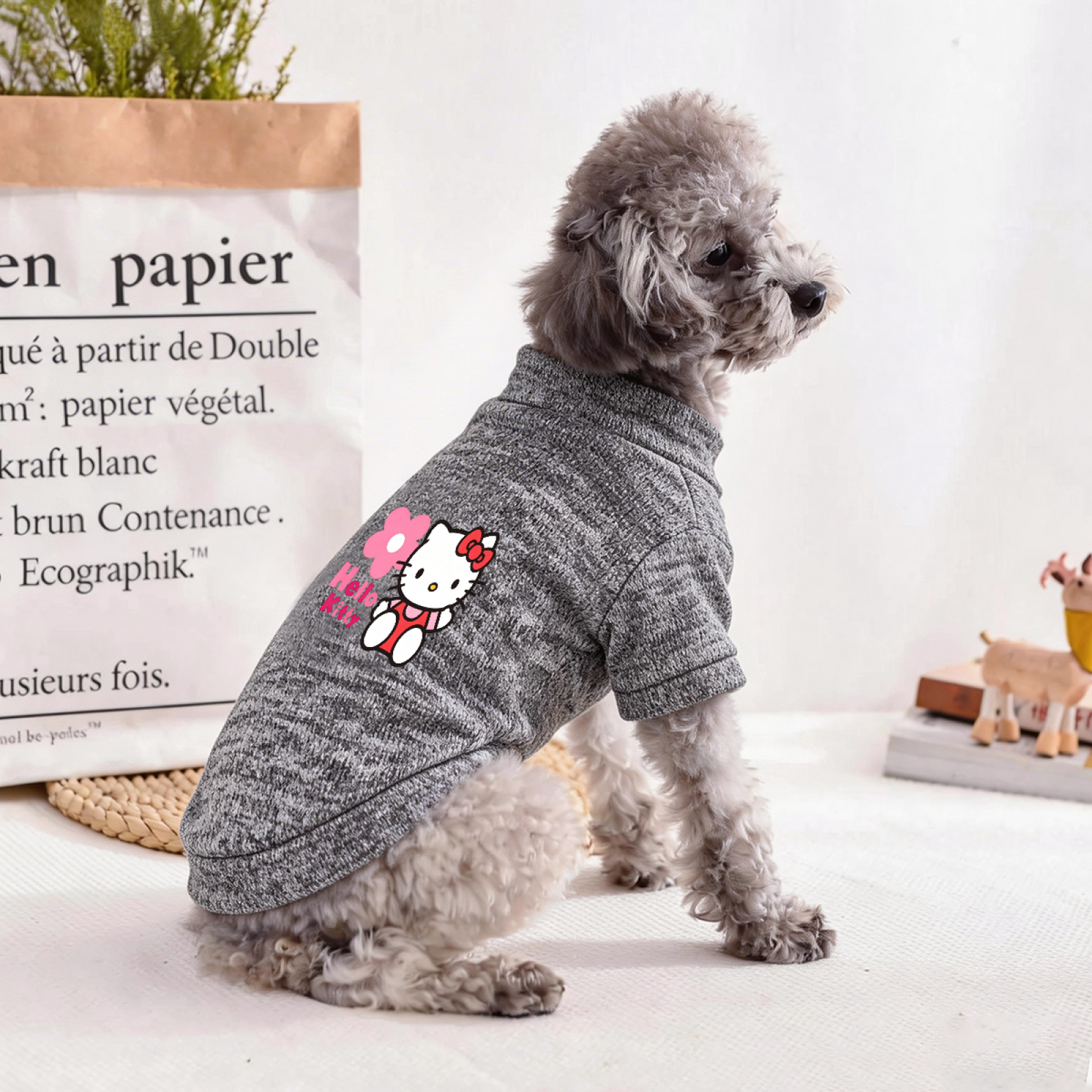 Cute Hello Kitty Floral Pet Cardigan Sweater, Soft Heather Gray Kitten Puppy Clothes