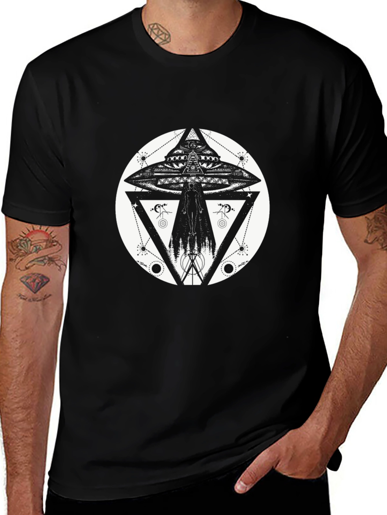UFO Geometric Print Black T-Shirt