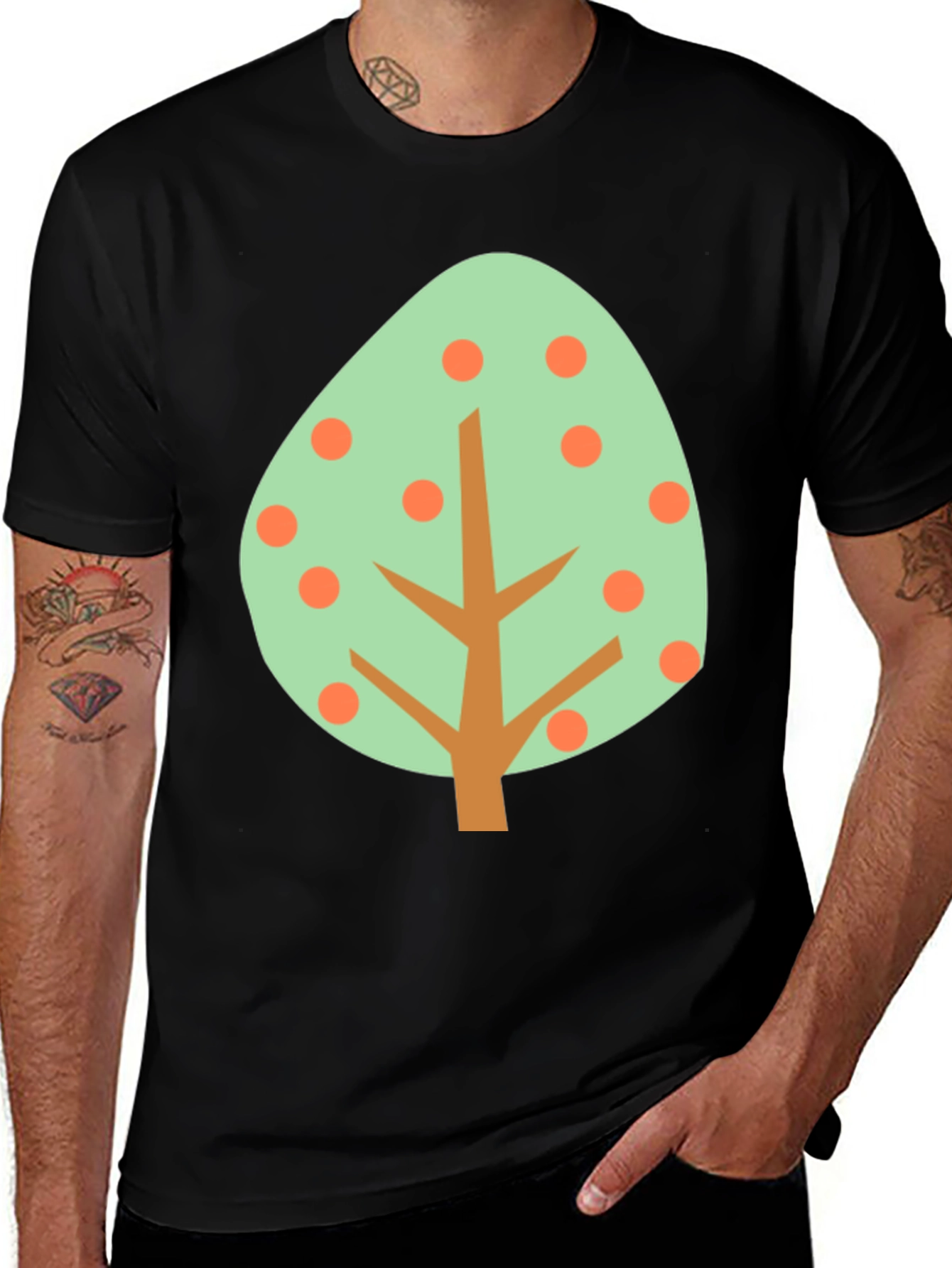 Cartoon Tree Graphic Tee - Black Cotton Shirt