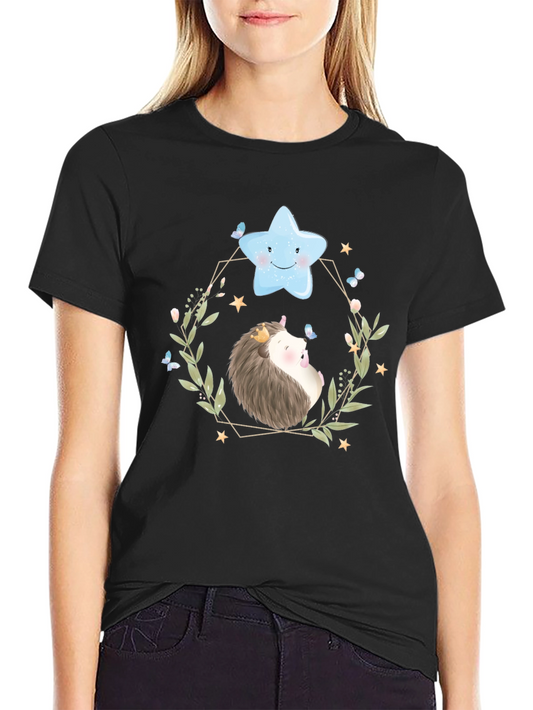 Cute Hedgehog & Star Graphic Tee - Soft Black Cotton Shirt