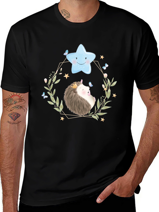 Cute Hedgehog & Star Graphic Tee - Soft Black Cotton Shirt