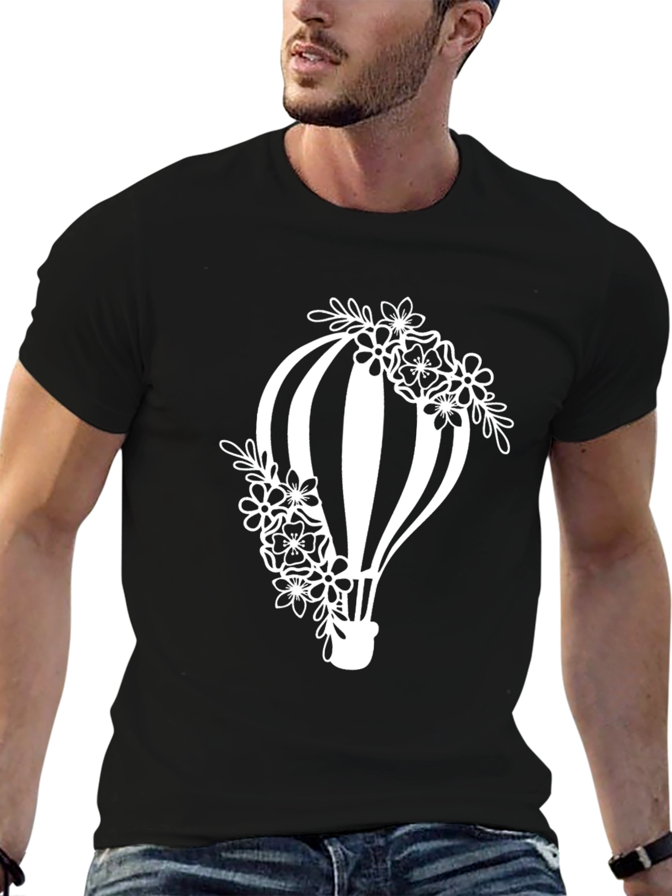 Floral Hot Air Balloon Graphic Tee - Black