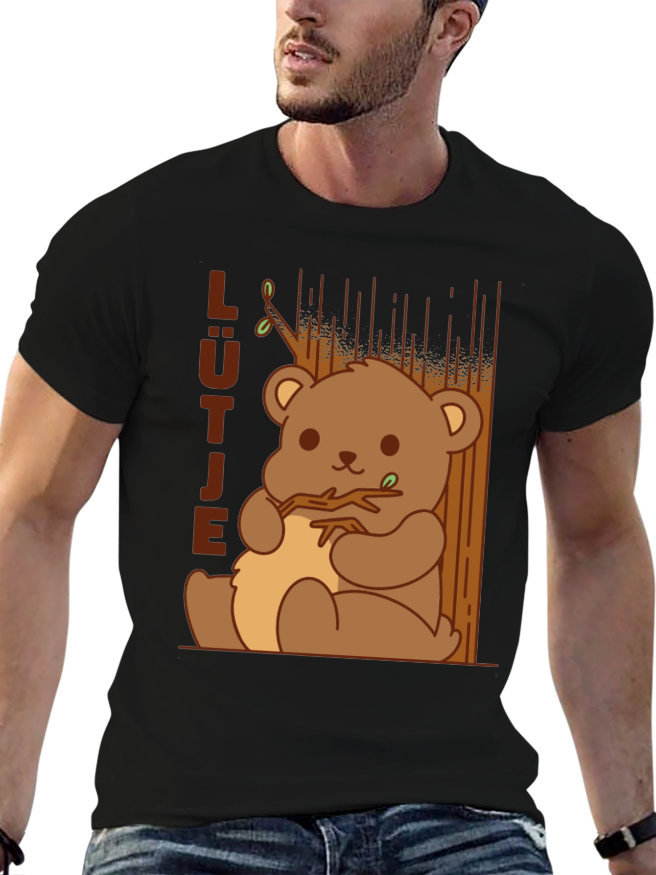 Cute Cartoon Bear Graphic Black T-Shirt