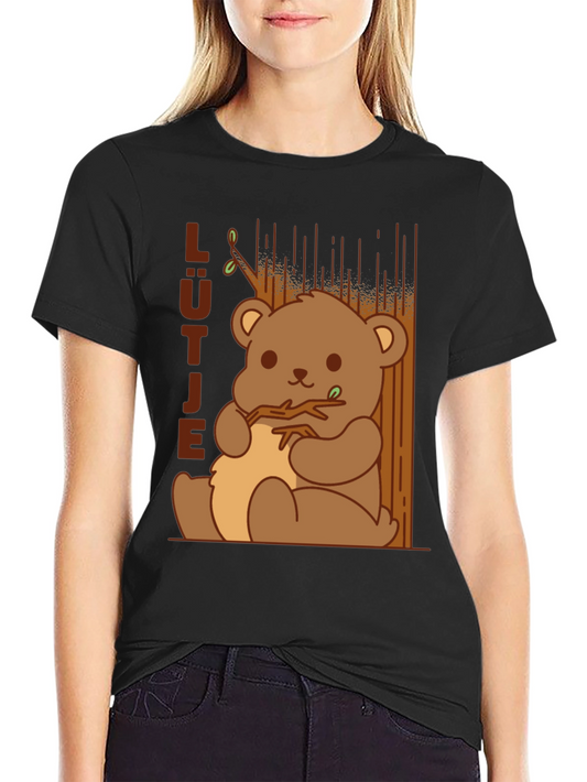 Cute Cartoon Bear Graphic Black T-Shirt