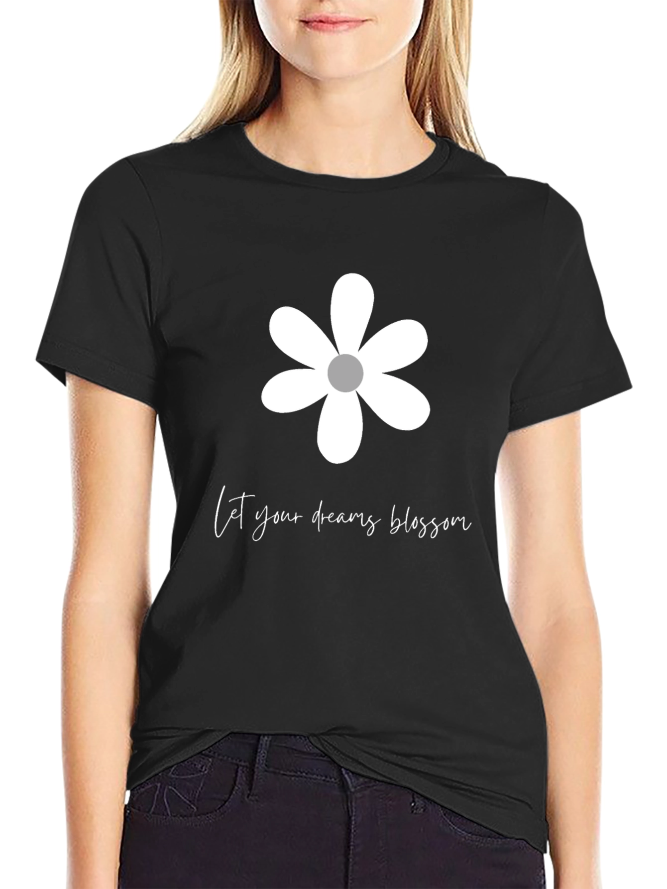 Dream Blossom Graphic Tee - Black Cotton Blend T-Shirt