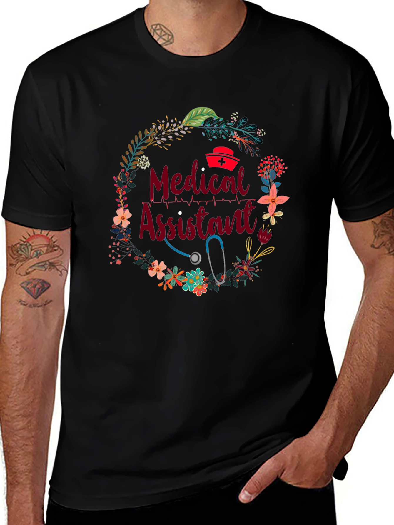 Medical Assistant Floral Wreath Black T-Shirt
