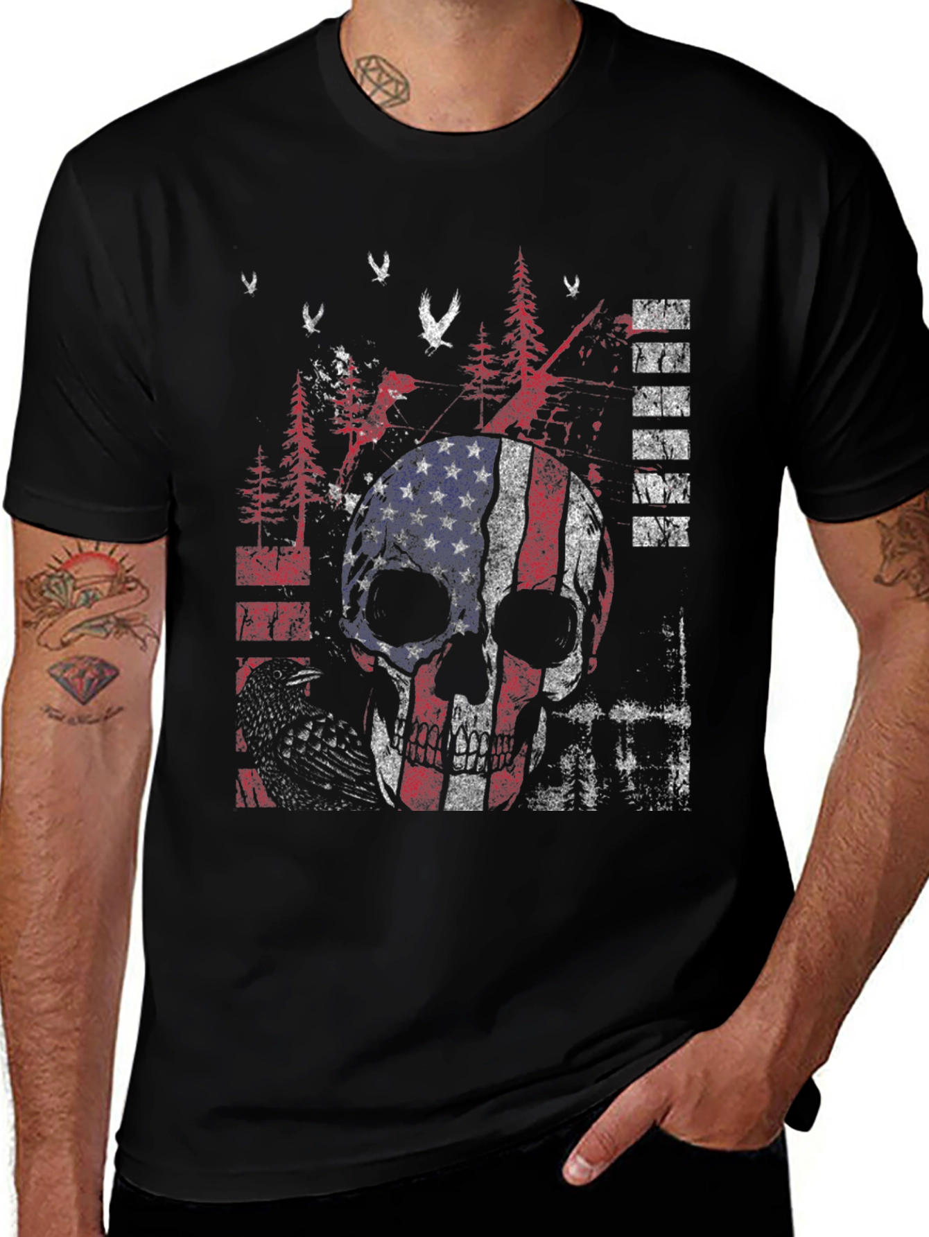 American Flag Skull Graphic Print T-Shirt