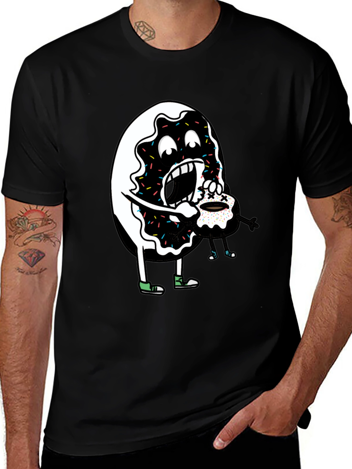 Donut Eating Cupcake Graphic Tee - Funny Food Shirt