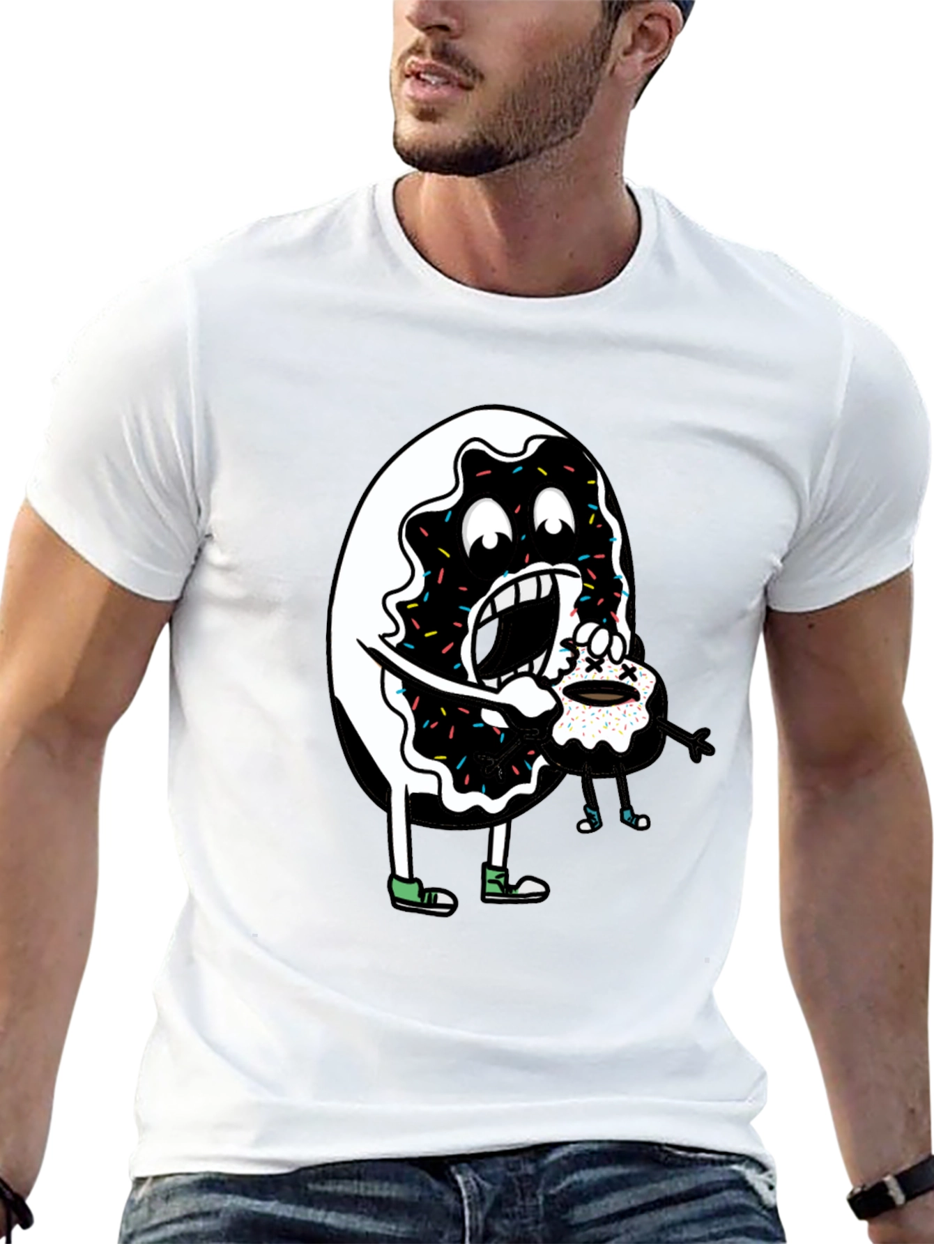 Donut Eating Cupcake Graphic Tee - Funny Food Shirt