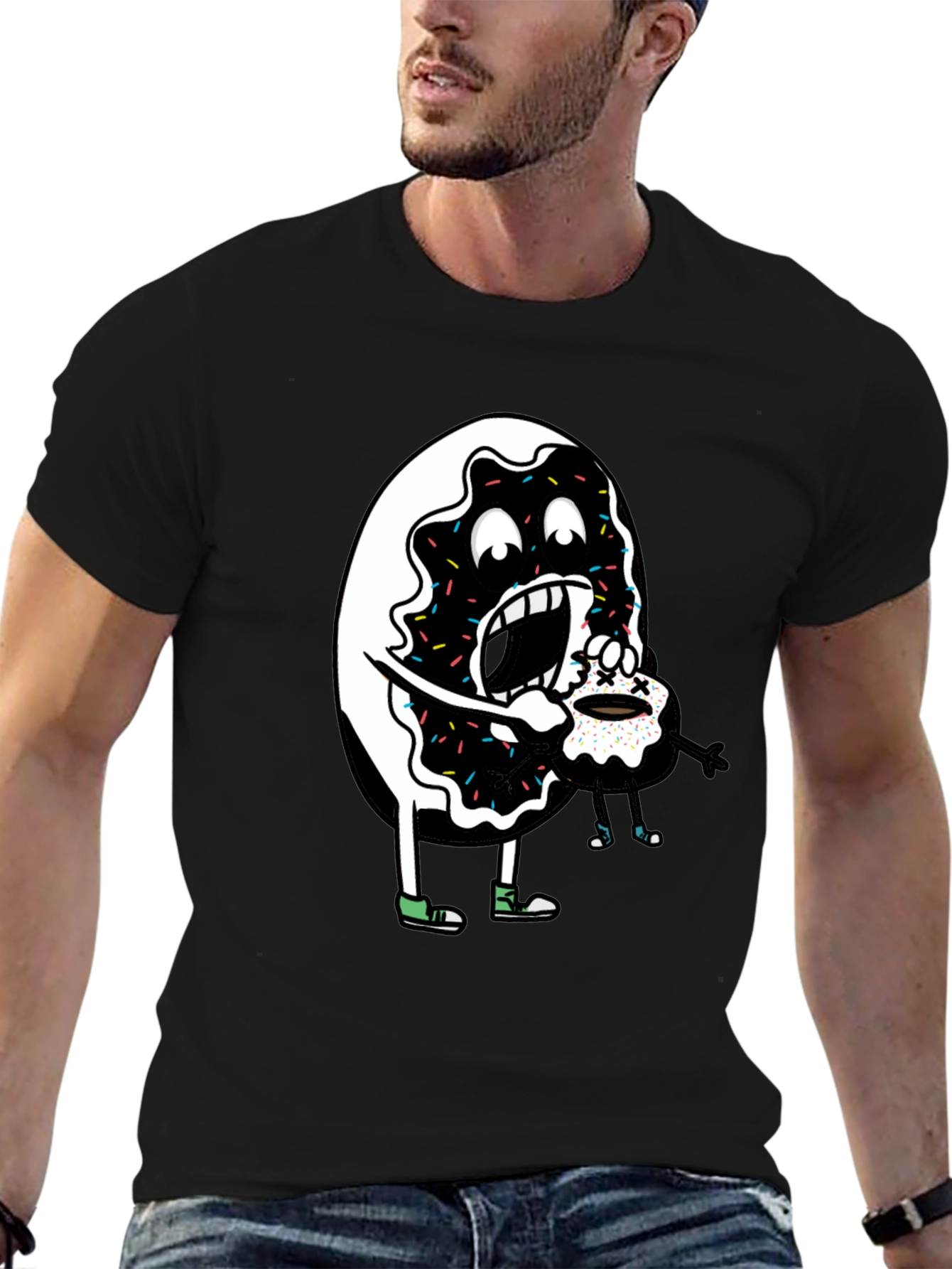 Donut Eating Cupcake Graphic Tee - Funny Food Shirt