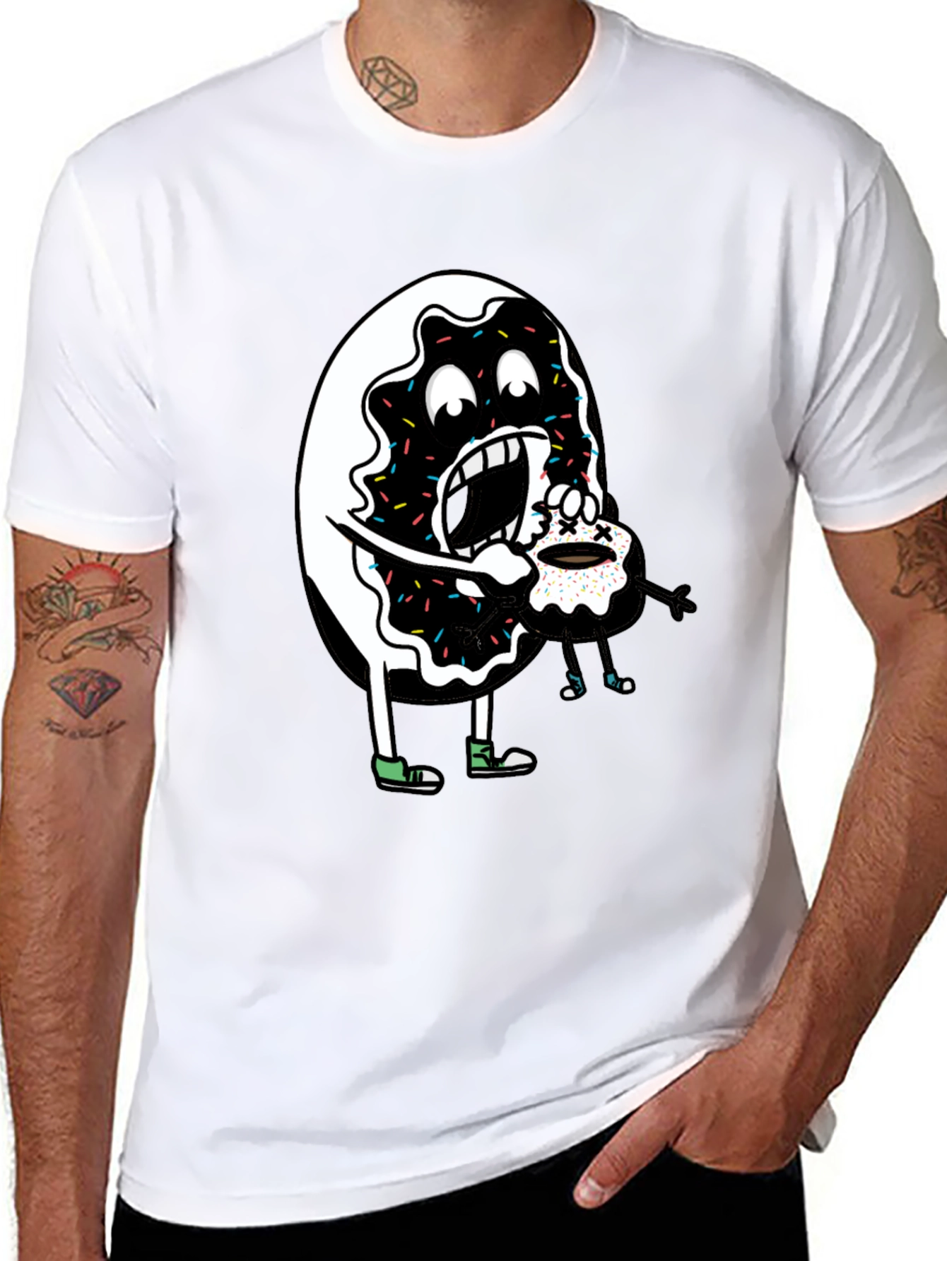 Donut Eating Cupcake Graphic Tee - Funny Food Shirt